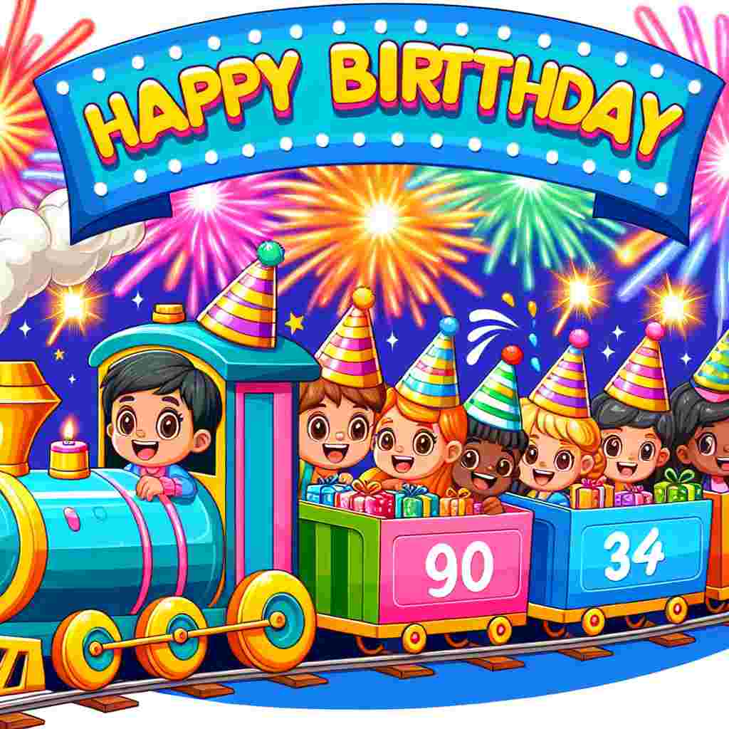 A playful cartoon illustration showing a birthday train with wagons shaped as the numbers '9' and '0', carrying gifts and party supplies. Smiling characters peer out of the train windows, and a banner above the train proudly exclaims 'Happy Birthday'. The background is filled with fireworks and stars, emphasizing the celebration's grandeur.
Generated with these themes: 90th  .
Made with ❤️ by AI.