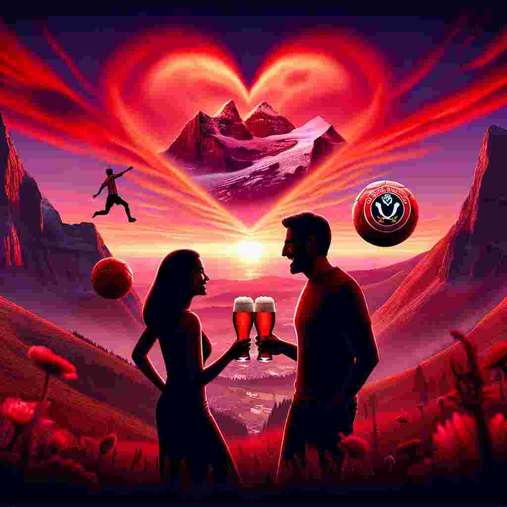 Imagine a realistically whimsical Valentine’s Day card depicting a South Asian woman and a Hispanic man, both ardent supporters of Sheffield United, silhouetted against a magnificent mountain sunset. The backdrop is a radiant collage of reds and purples, mirroring the fiery warmth of their love and the awe-inspiring beauty of the landscape. They toast their offbeat celebration with crafted beer, the froth playfully waltzing at the rim of the glass, akin to the joy in their eyes. A football whimsically incorporated into the scene tumbles downhill, paying tribute to their favorite team amidst this enchanting fusion of love, football, and wilderness.
Generated with these themes: Sheffield United , Sunsets, Mountains, and Beer.
Made with ❤️ by AI.