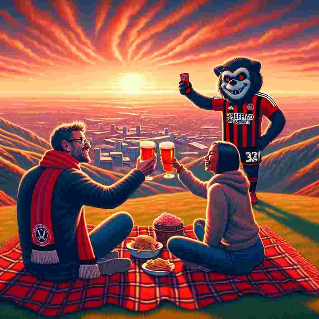 Paint an endearing Valentine's Day scenario set in the rolling hills of Sheffield. Centered in the scene are a spirited Sheffield United fan, a Caucasian male, and his partner, a Black female, enjoying a heartfelt moment together. They are sitting atop one of the city's known peaks, basking in the stunning sunset that fills the sky with vibrant shades of orange and pink. As the cool mountain air sweeps in, they stay cozy under a shared tartan blanket, toasting their pint glasses filled with bold local beer. They are laughing at the spectacle of an ambiguous football team's mascot interrupting their romantic selfie.
Generated with these themes: Sheffield United , Sunsets, Mountains, and Beer.
Made with ❤️ by AI.