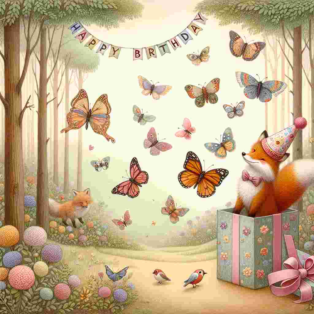 The scene is set in a pastel-colored forest with a quirky fox wearing a clown hat, popping out of a gift box, making everyone giggle. Fluttering butterflies and birds carry a garland that spells 'Happy Birthday', integrating the fun message into the delightful illustration designed for her.
Generated with these themes: funny   for her.
Made with ❤️ by AI.