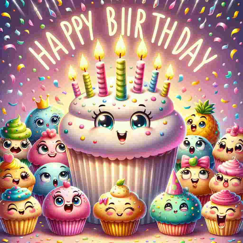 A charming birthday illustration depicts a group of animated cupcakes, each with a hilarious facial expression. They are gathered around a larger cupcake with candles on top. Confetti rains down in the background, and the words 'Happy Birthday' are written in a playful, bubbly font above the scene.
Generated with these themes: funny   for her.
Made with ❤️ by AI.