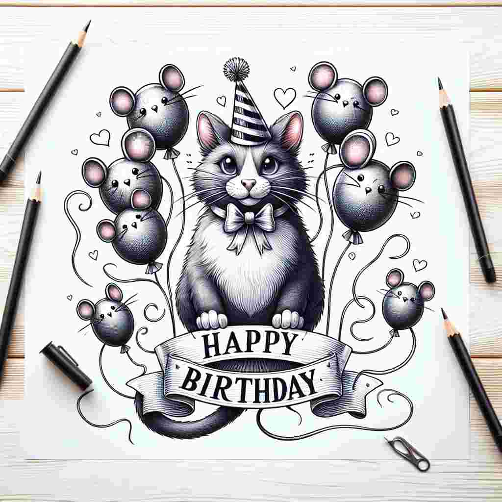 The design features a whimsical cat wearing a party hat and a mischievous grin, surrounded by balloons in the shape of mice – a humorous nod for her special day. The cat is perched on a banner that boldly proclaims 'Happy Birthday', adding a festive touch to the cute illustration.
Generated with these themes: funny   for her.
Made with ❤️ by AI.