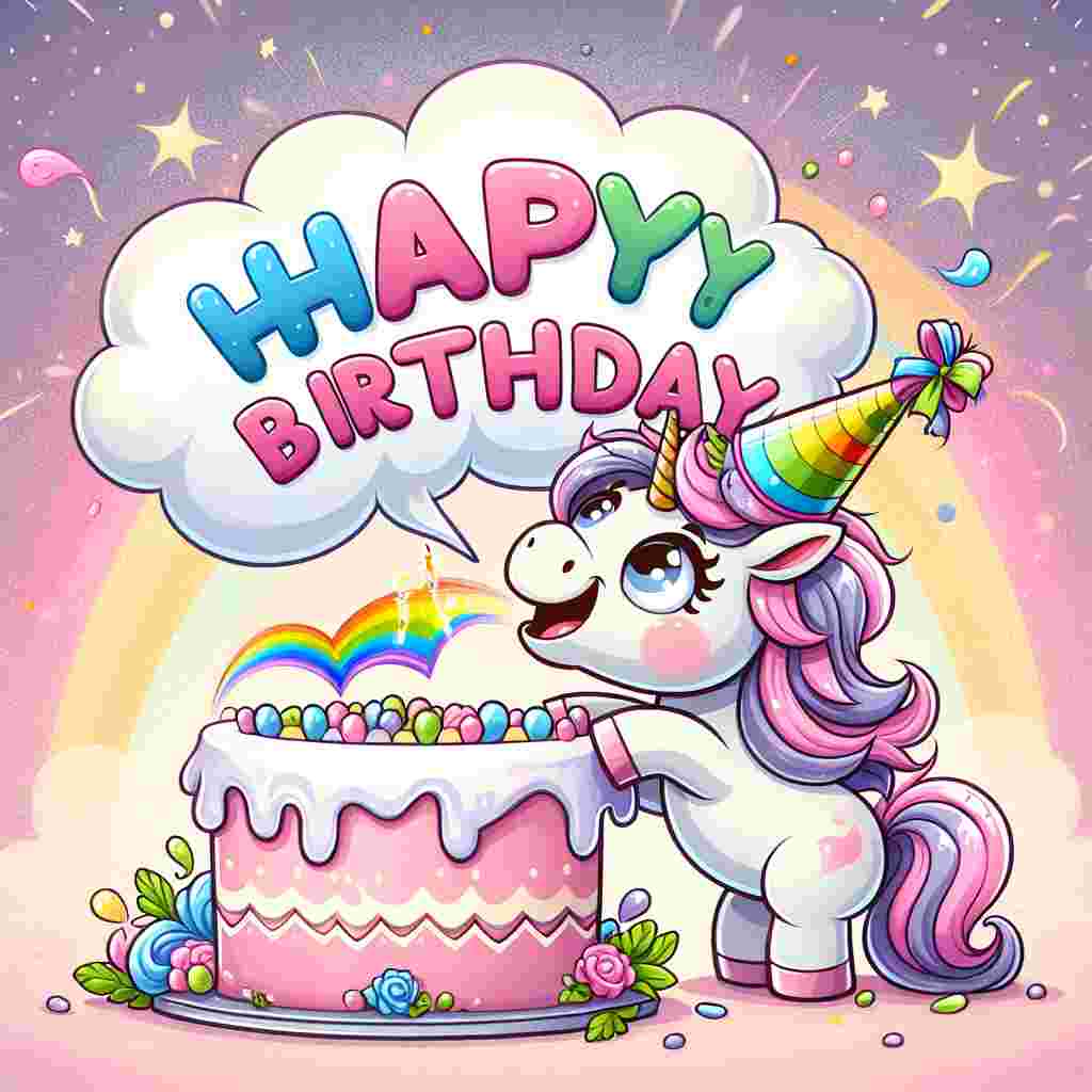 In this cute birthday portrayal, a delighted cartoon unicorn dons a party hat and is humorously trying to cut a large birthday cake with its horn. The text 'Happy Birthday' is floating above her like a cloud, etched in a rainbow-colored font, while the scene is sprinkled with magical glitter.
Generated with these themes: funny   for her.
Made with ❤️ by AI.