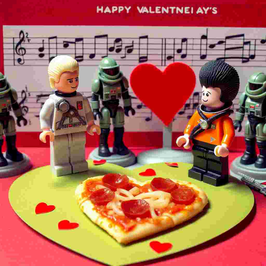 On a bright Valentine's Day card, a humorous scene unfolds where small plastic toy figures are dressed in classic Sci-fi movie costumes, sharing a heart-shaped pizza. The ambience is set with the visual representation of music notes from a popular romantic song in the background, amplifying the quirky, light-hearted dynamic of the scene as they share affectionate looks.
Generated with these themes: Lego, Pizza, Taylor swift, and Star wars.
Made with ❤️ by AI.