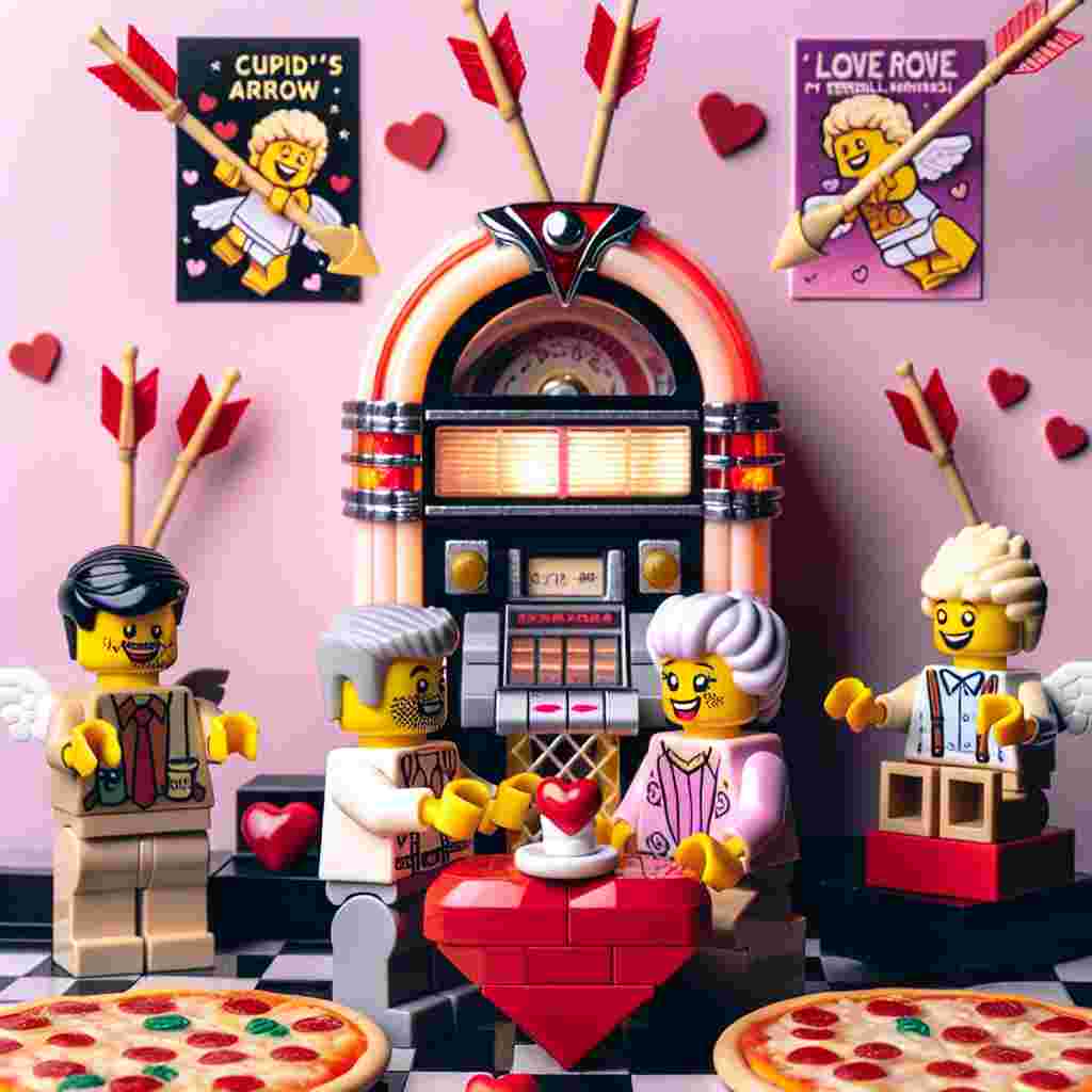 In a whimsical, toy-built pizzeria, two minifigure characters are sharing a moment of laughter on a Valentine's Day date. They are surrounded by an array of heart-shaped pizzas. To add to the romantic atmosphere, the jukebox in the corner plays sweet melodious tunes. Above them, humorous illustrations of cupid's arrows bear a unique resemblance to small lighted swords, as if playfully wielded by angelic little warriors. This imaginative scene creates a playful parody of eternal love.
Generated with these themes: Lego, Pizza, Taylor swift, and Star wars.
Made with ❤️ by AI.
