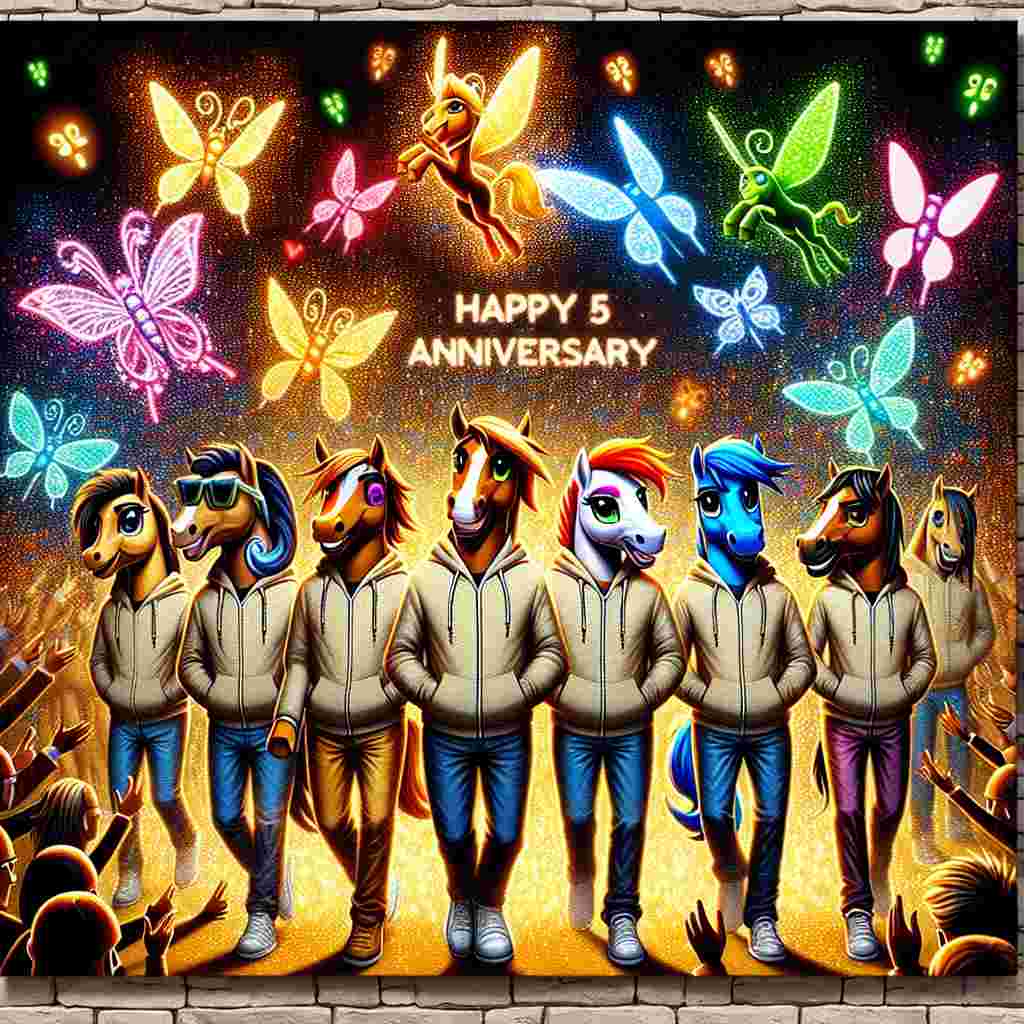 The canvas sparks to life with a captivating cartoon visualization of a memorable anniversary. Animated insects, brimming with joy, dance in the backdrop, while the focus remains on a group of unique, vibrant equine figures at the center. These fictional equines, unrelated to any existing copyrighted characters, each bear refined, understated tattoos that reflect their distinct characteristics and the spirit of the special day. Dressed in individually tailored hoodies, their attire mirrors their personality traits and the festive mood of the event, causing the entire scene to glow with love and merriment.
Generated with these themes: Insects, My little pony, Tattoos, and Hoodies.
Made with ❤️ by AI.