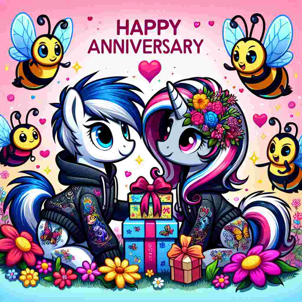 Picture a delightful anniversary scene set in a vibrant cartoon world full of endearing cartoon insects buzzing around colorful blossoming flowers. At the center of the celebration, a group of friendly cartoon ponies, adorned with creative, whimsical tattoos, are exchanging gifts and sharing laughter. They are dressed in cozy hoodies, providing a comforting and trendy touch to their charming, magical aura. This blend of casual and festive styles effectively ties the anniversary festivities together.
Generated with these themes: Insects, My little pony, Tattoos, and Hoodies.
Made with ❤️ by AI.