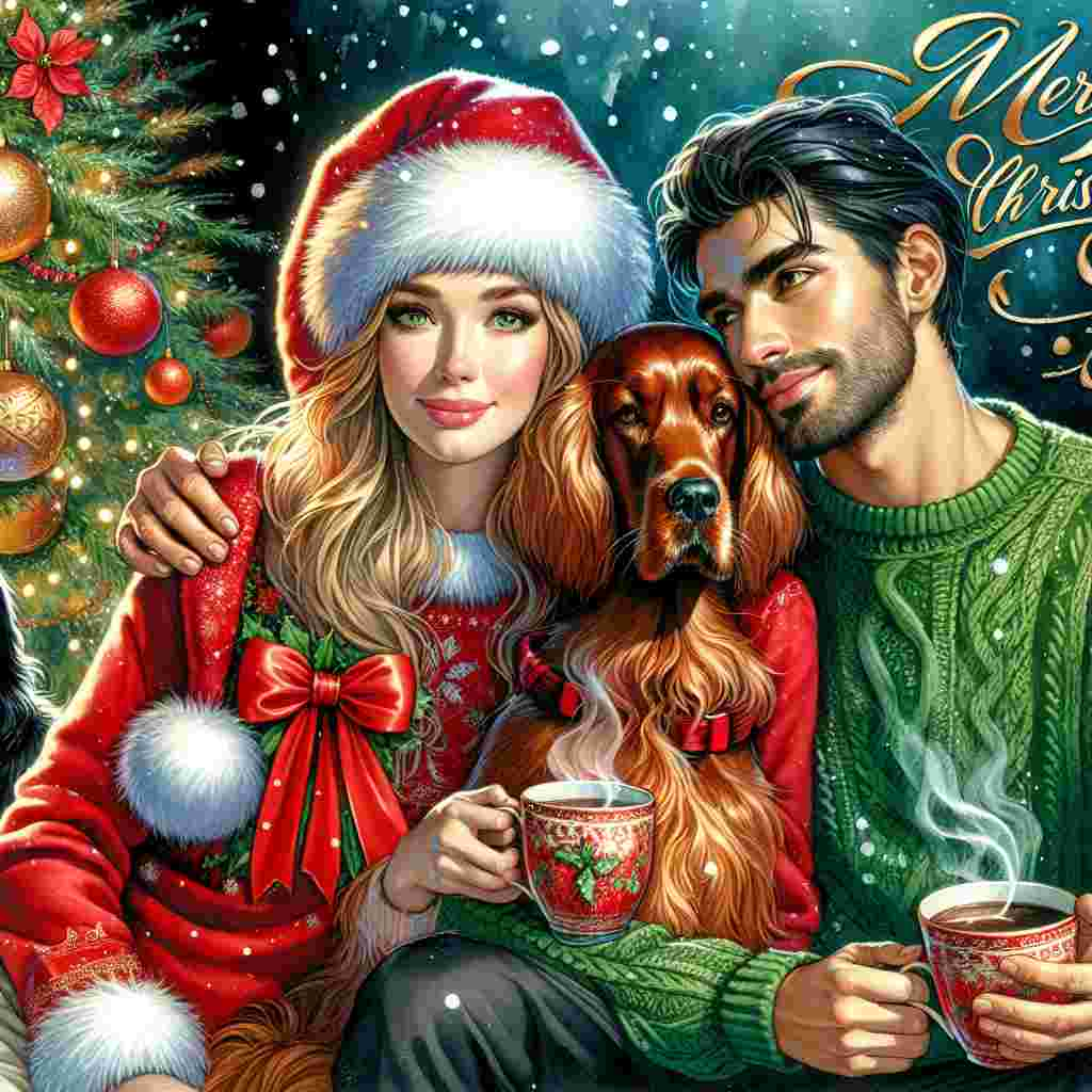 A vivid Christmas-themed illustration features an Irish setter adorned with a festive red bow collar, sitting sweetly beside a blonde woman and a dark-haired man. The woman, wearing a cozy red and white Santa hat, gently holds a steaming mug of hot cocoa, while the man, dressed in a green sweater, wraps an arm around her. Snowflakes gently fall in the background, and nestled amongst the trio is a glittering Christmas tree, festooned with bright lights and ornaments. Above them, the phrase 'Merry Christmas' is written in elegant, cursive gold lettering.
Generated with these themes: Irish setter, Blonde woman, and Dark haired man .
Made with ❤️ by AI.