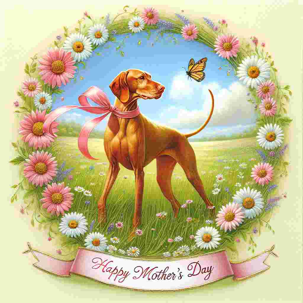 A scenic illustration unfolds, spotlighting a sun-drenched meadow, carpeted in lavish green grass paired with a bouquet of exuberant wildflowers. Taking center stage is a spirited Vizsla dog, donned in a cheery pink ribbon that elegantly drapes around its neck, dancing gracefully in the meek breeze. Completing the pastoral tranquility is a ring of pristine daisies encircling the dog, with a butterfly delicately perched on one of the blooms. Above this earthly paradise, the sky blushes a tender blue, embossed with the phrase 'Happy Mother's Day' arching in an elegant, fluid script, cocooned affectionately by a heart-shaped wisp of a cloud.
Generated with these themes: Vizla.
Made with ❤️ by AI.