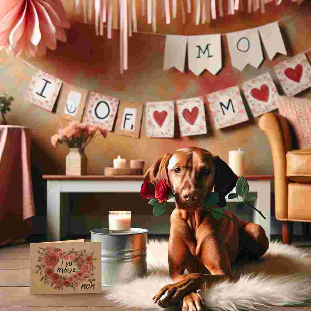 Depict an indoor scene with warm, pastel-colored walls. A sandy-colored Vizsla dog is curled up on a fluffy white rug, holding a single red rose gently between its teeth. The space is decorated for Mother's Day with paper streamers and hand-made 'I Love You, Mom' banners hanging from the ceiling. On a wooden coffee table, a handcrafted greeting card is placed next to a burning scented candle, the aroma of which fills the room, fostering a relaxed environment and emanating appreciation for mothers far and wide.
Generated with these themes: Vizla.
Made with ❤️ by AI.