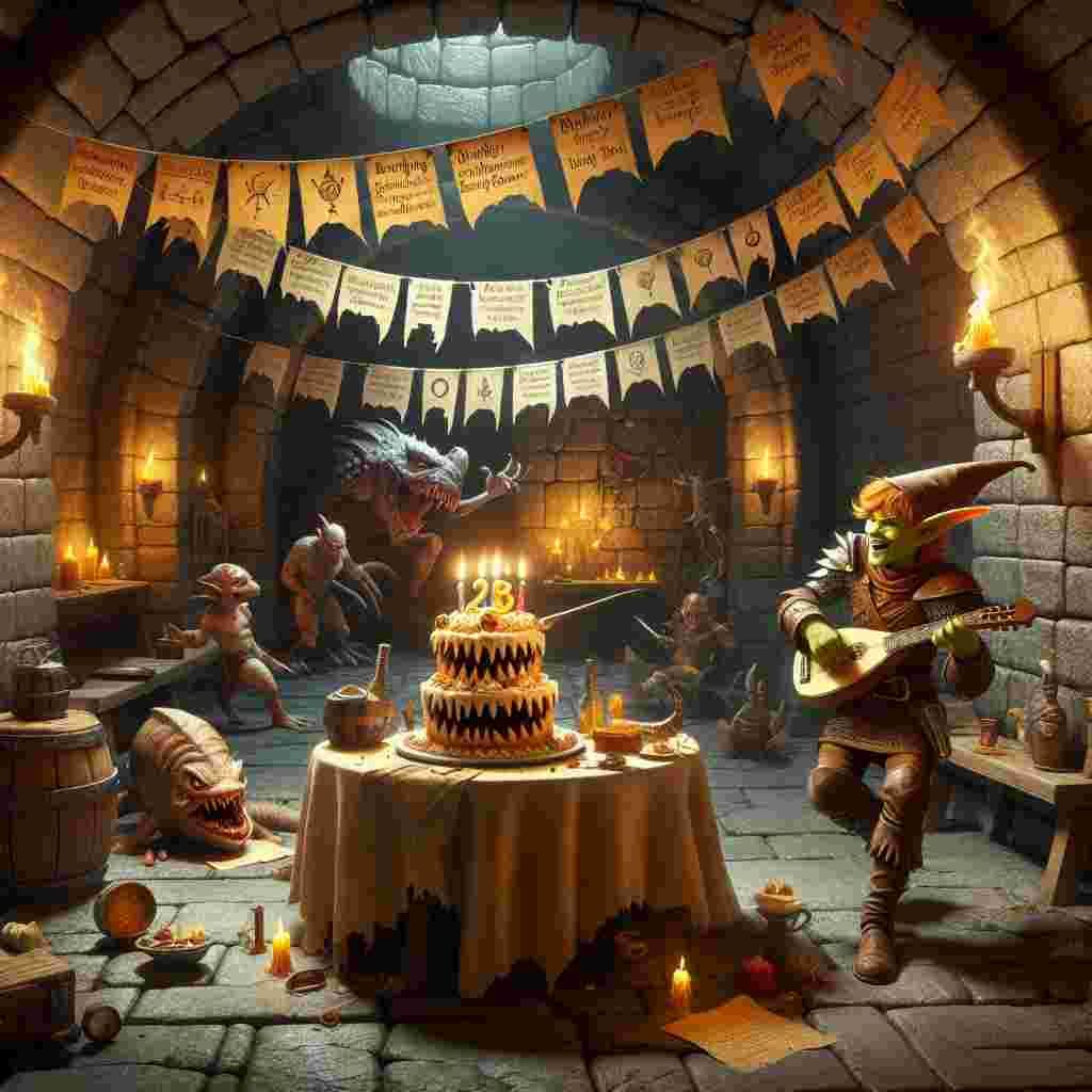 Create a humorous birthday scene in a gothic, dungeon-like environment that takes inspiration from a classic fantasy role-playing game. The room features birthday banners made of aged parchment, hanging on the cold stone walls of the dungeon. An elf with pointed ears, known for his role as a bard, is playing joyful birthday melodies on a lute. A sly rogue with a sense of adventure is poised to cut a cake shaped like a mimic monster, a deceptive creature known in fantasy lore, with icing shaped to resemble menacing teeth. The scene is warmly lit by the flickering light of torches, casting dancing shadows on the dungeon's walls. Various creatures from the dungeon put on party hats, breaking the otherwise ominous atmosphere with a touch of benign joviality.
Generated with these themes: Gothic, and Dungeons and Dragons.
Made with ❤️ by AI.