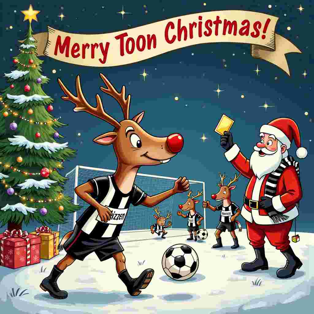 The front cover of the Christmas greeting card is an intricate, humorous cartoon scene that perfectly blends the themes of Reindeer, Newcastle United, Football, and Christmas. 

At the center of the scene, a mischievous reindeer named "Blitzen" is dressed in a Newcastle United football kit, complete with black-and-white striped jersey, shorts, and football boots. Blitzen's antlers are festively adorned with twinkling fairy lights and baubles. He has an animated expression, with one eyebrow raised and a cheeky grin as he skillfully juggles a football on the tip of his hoof.

To the left, a tall, lush Christmas tree stands adorned with Newcastle United-themed decorations—mini footballs, black-and-white striped ribbons, and a star topper that is actually a small Toon Army flag. Underneath the tree, presents are wrapped in wrapping paper featuring the Newcastle United crest.

In the background, a snowy football pitch is depicted, with a snow-covered goalpost. Several more reindeer, also wearing Newcastle United kits, are seen engaged in a spirited football match. Rudolph, with his iconic red nose glowing, appears to be the goalkeeper, diving to save a shot.

On the right side of the scene, Santa Claus himself makes an appearance, acting as the enthusiastic referee. He wears a traditional red suit but has a Newcastle United scarf wrapped around his neck. He is blowing a candy cane-striped whistle and holding up a yellow card, wagging his finger at a reindeer who seems to be feigning an injury in an exaggerated fashion.

Above them, the sky is dark but lit with stars that sparkle like sequins. A banner stretches across the top, held up by two doves, reading “Merry Toon Christmas!” in bold, cheerful letters.

The border of the card is framed with comic-style action words and sound effects like "Goooal!", "Jingle!", and "Ho Ho Ho!", reminiscent of classic comic panels, providing a lively and animated frame to the scene.

Every element is detailed and lively, ensuring that the artist has a clear vision of this whimsical, Christmas-themed football extravaganza.
Generated with these themes: Reindeer, Newcastle United , Football, and Christmas tree .
Made with ❤️ by AI.