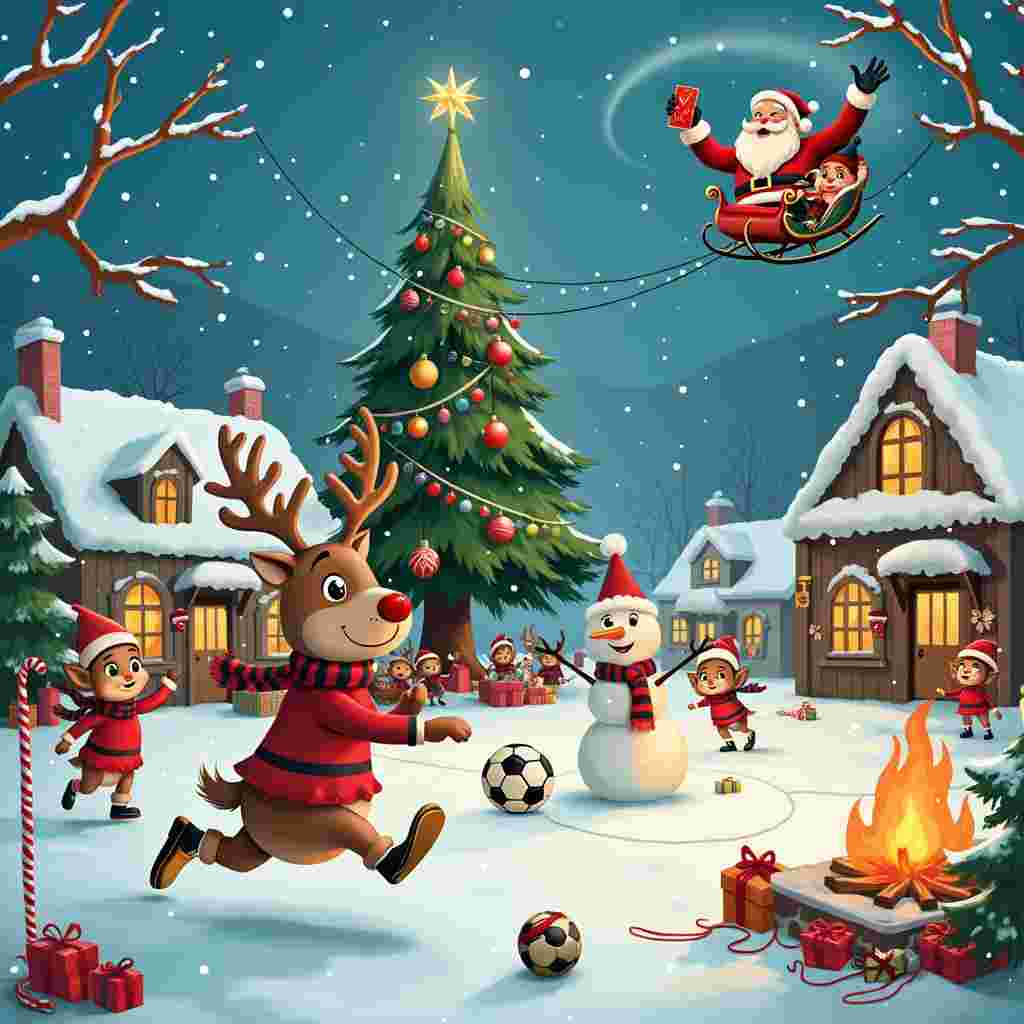 The scene unfolds in a whimsical and bustling Christmas village set against the backdrop of a snow-covered Newcastle United football stadium. In the foreground, a jovial reindeer sporting a Newcastle United scarf and football boots can be seen, energetically dribbling a Christmas-themed football. The reindeer has a shiny red nose and expressive eyes that pop with excitement. His antlers are humorously adorned with tiny Christmas baubles and fairy lights that twinkle.

Nearby, a large and majestic Christmas tree towers over the scene, beautifully decorated with black-and-white Newcastle United ornaments, candy canes, and twinkling lights. At the top of the tree, instead of the traditional star, there is a mini football dressed in Newcastle United colors.

On the left side of the card, two other reindeer dressed in Newcastle United jerseys are cheering and waving flags, while a group of jubilant elves, also dressed in football gear, are building a snowman that’s wearing a Newcastle United beanie and scarf. The snowman's carrot nose is replaced with a small football, adding a quirky twist.

In the background, you can spot Santa Claus as the referee, blowing a candy cane-striped whistle while holding up a festive red card with a cheeky wink. On the right side, some reindeer are gathered around a roaring bonfire made of Christmas crackers, toasting marshmallows, and watching the football match.

Above this lively scene, an old-fashioned Newcastle United banner hangs, with snow gently falling around, adding to the festive atmosphere. Tucked in the corners, there are tiny, charming details like presents wrapped in black-and-white striped paper, and stockings hanging from a goal post.

In the sky, sleigh bells jingle as a sleigh pulled by more reindeer flies overhead, leaving a trail of stardust and festive cheer.

This quirky, humorous scene combines the joy of Christmas with the passion for Newcastle United football, creating a unique and delightful greeting card cover.
Generated with these themes: Reindeer, Newcastle United , Football, and Christmas tree .
Made with ❤️ by AI.