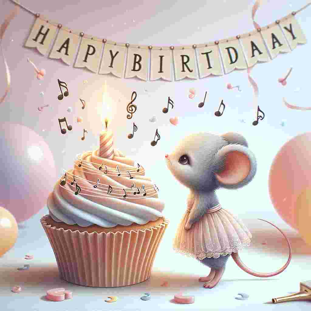 A whimsical illustration of a petite mouse in a party dress blowing out a candle on a cupcake. The flame is whimsically shaped like a treble clef, and musical notes float from the cupcake as if it's singing. A banner in the background proclaims 'Happy Birthday' in dainty, cursive letters against a backdrop of pastel balloons.
Generated with these themes: musical  .
Made with ❤️ by AI.