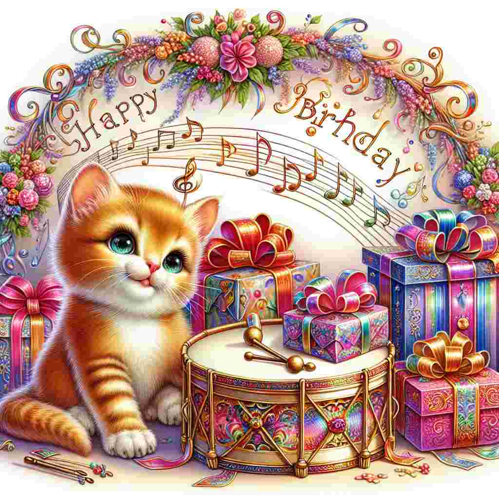 In this delightful scene, a kitten with large, innocent eyes sits beside a pile of presents, each wrapped in bright, cheerful paper. Above, musical notes form a playful arch, while the kitten taps its paw on a drum that has 'Happy Birthday' written on the side in lively script.
Generated with these themes: musical  .
Made with ❤️ by AI.