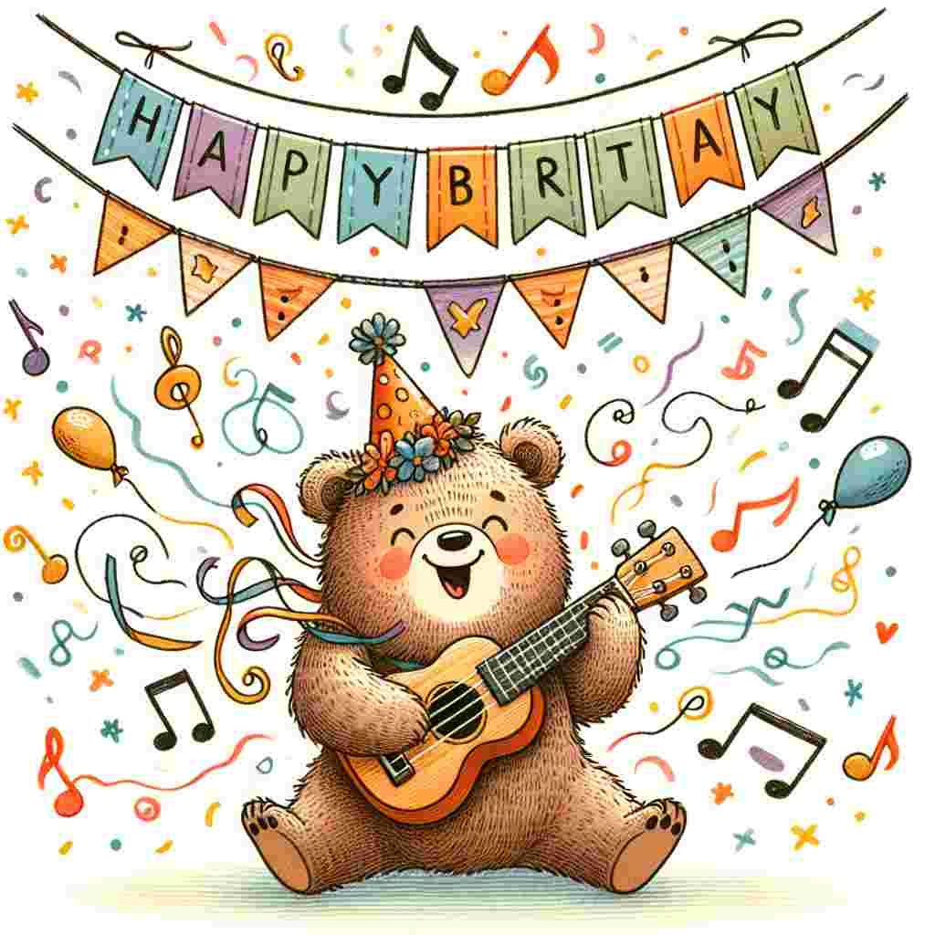 A charming scene with a cartoon bear playing a ukulele decorated with confetti. In the background, a banner of flags hangs, each with a letter that spells out 'Happy Birthday.' Musical notes seem to dance in the air around the bear, adding a melodic ambiance to the birthday theme.
Generated with these themes: musical  .
Made with ❤️ by AI.