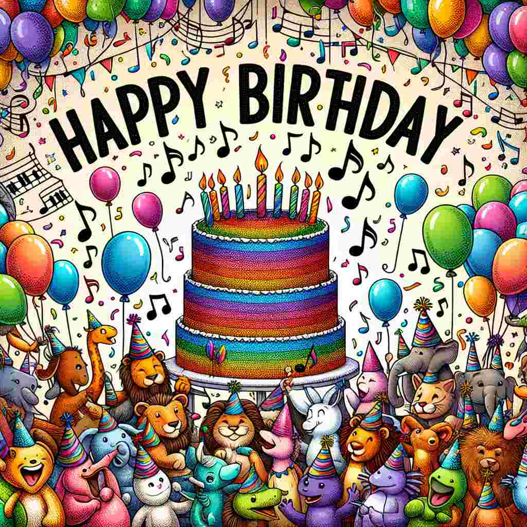 A colorful illustration featuring a group of cheerful animals wearing party hats, gathered around a large cake topped with musical notes that serve as candles. Confetti falls around them and balloons float in the air, all to the tune of the 'Happy Birthday' song with the text 'Happy Birthday' written above in bold, festive font.
Generated with these themes: musical  .
Made with ❤️ by AI.