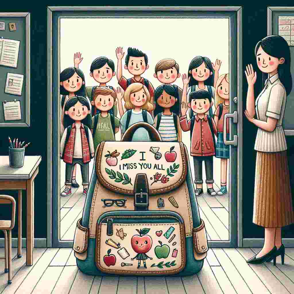 Create a heartwarming scene displaying a lone backpack positioned at the entrance of a classroom doorway. A mixed group of students of different descents; such as Hispanic, White, Middle-Eastern, and South-Asian, along with an Asian female teacher, are seen waving goodbye from the window. The backpack features an embroidery that states 'I will miss you all' styled with little sketches of school-related items such as books and apples. A character in the outfit of a teacher is also adorned on the backpack, presenting a farewell salute, encapsulating the sentiment of leaving school and a treasured teacher.
Generated with these themes: I will miss you all, School, and Teacher .
Made with ❤️ by AI.