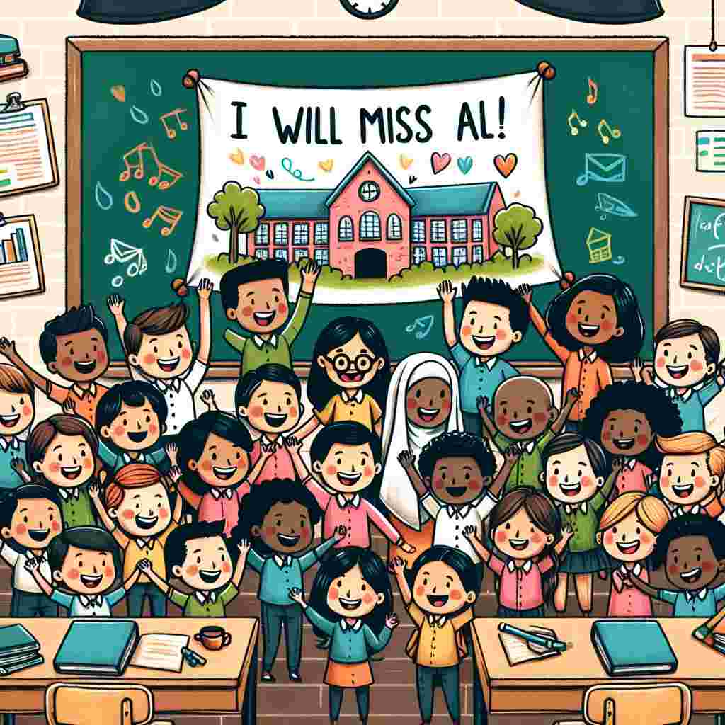 Create a heartwarming illustration depicting a classroom setup with desks and chairs. In the middle, portray a diverse group of cartoon schoolchildren from various descents like Caucasian, Black, Hispanic, South Asian, and Middle Eastern, all radiating with happiness. An Asian female teacher joins them, and together they hold up a large, vibrant banner bearing the message 'I will miss you all!'. Above this jubilant crowd, on the chalkboard, craft a hand-drawn sketch of a school building and a waving figure, symbolizing the departing student.
Generated with these themes: I will miss you all, School, and Teacher .
Made with ❤️ by AI.