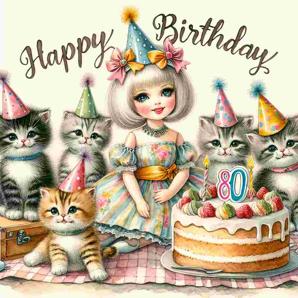 A watercolor scene with a group of playful kittens wearing party hats, gathering around an old-fashioned female doll who's dressed elegantly, with a ribbon that shows '80'. They're all on a picnic blanket with a birthday cake in the middle, and 'Happy Birthday' is whimsically inscribed in the corner.
Generated with these themes: 80th   female.
Made with ❤️ by AI.