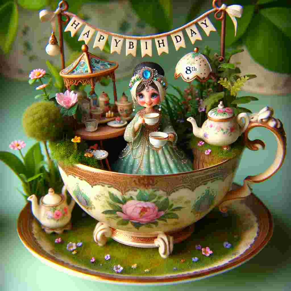 A charming drawing featuring a vintage teacup, inside which a small, adorable garden party is taking place for the 80th birthday. An animated, smiling female figurine holds a teacup, with 'Happy Birthday' banner hanging overhead, stretched between two dainty teapots.
Generated with these themes: 80th   female.
Made with ❤️ by AI.