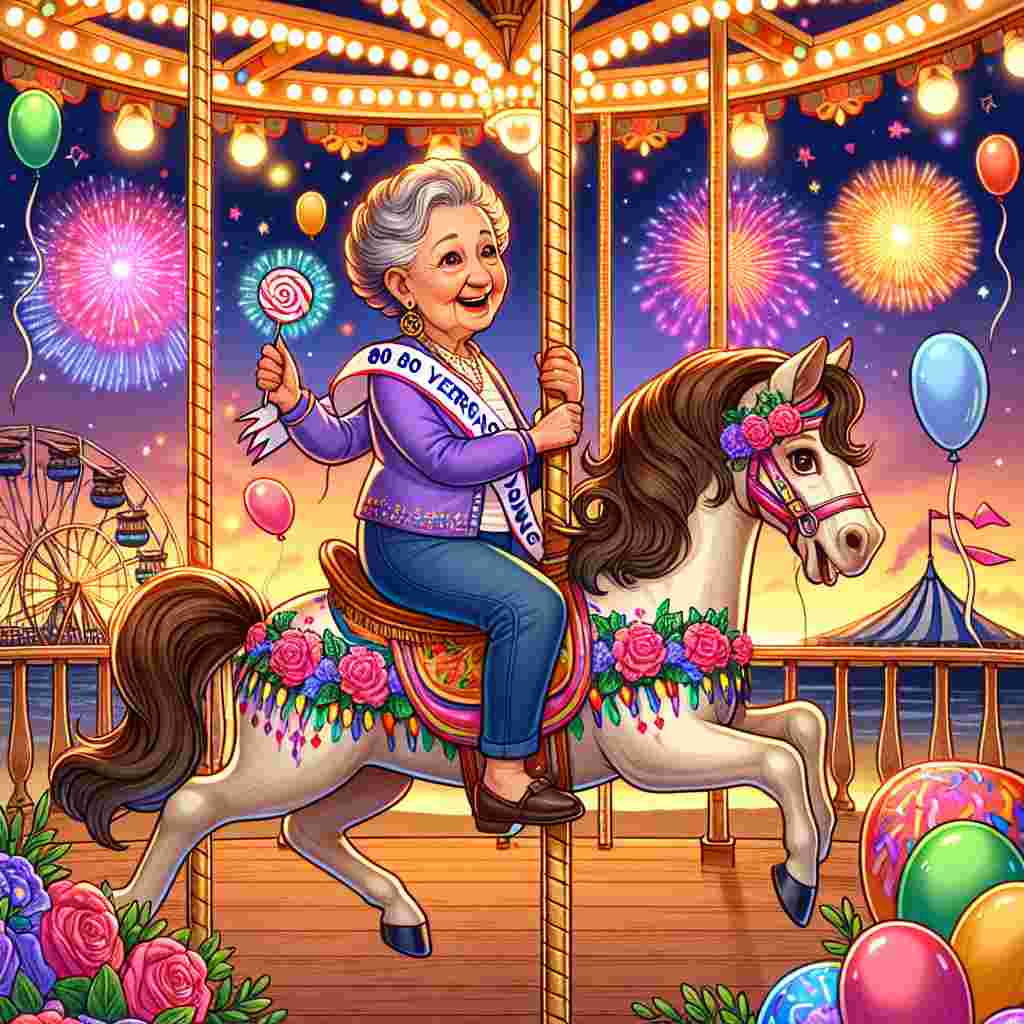 A whimsical cartoon of a female character riding on a carousel horse; she wears a sash that reads '80 Years Young'. The carousel is decorated with ribbons and balloons, and the sky behind it is filled with fireworks that spell out 'Happy Birthday'.
Generated with these themes: 80th   female.
Made with ❤️ by AI.