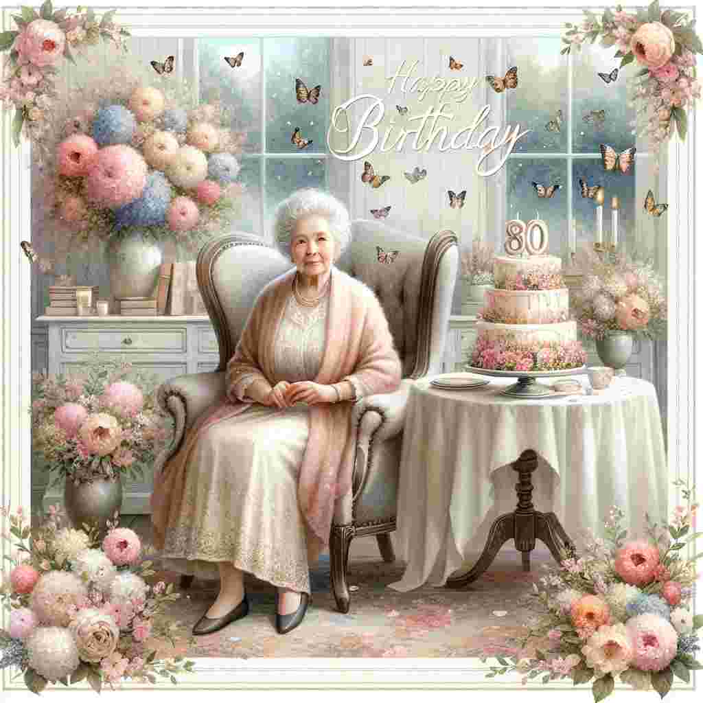 A soft pastel-hued illustration with an elegant elderly lady sitting on a cushioned armchair surrounded by blooming flowers and a table with a cake that has the number 80 on it. Butterflies flutter around and above her, 'Happy Birthday' is written in cursive, adorned with small flowers.
Generated with these themes: 80th   female.
Made with ❤️ by AI.