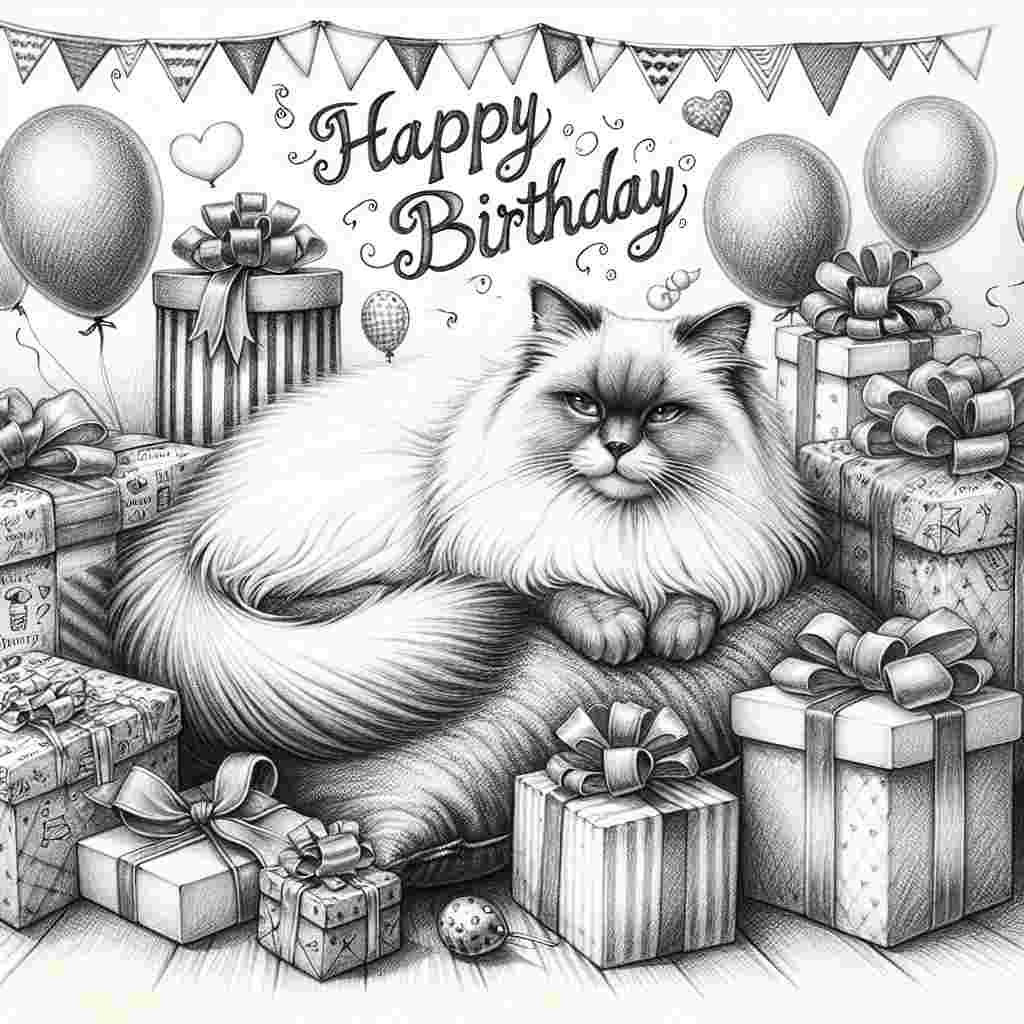 A charming scene sketched in pencil where a sleepily content Birman cat is curled up on a cushion, surrounded by birthday presents and balloons. Above, the 'Happy Birthday' message is handwritten with a quaint and personal touch.
Generated with these themes: Birman Birthday Cards.
Made with ❤️ by AI.