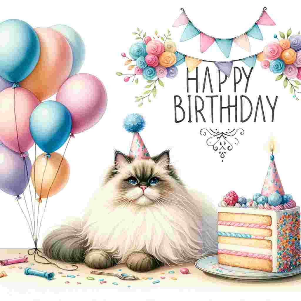 A soft watercolor illustration features a fluffy Birman cat wearing a tiny party hat, surrounded by balloons and a festive banner. The cat sits next to a slice of birthday cake, with the words 'Happy Birthday' elegantly scripted above.
Generated with these themes: Birman Birthday Cards.
Made with ❤️ by AI.