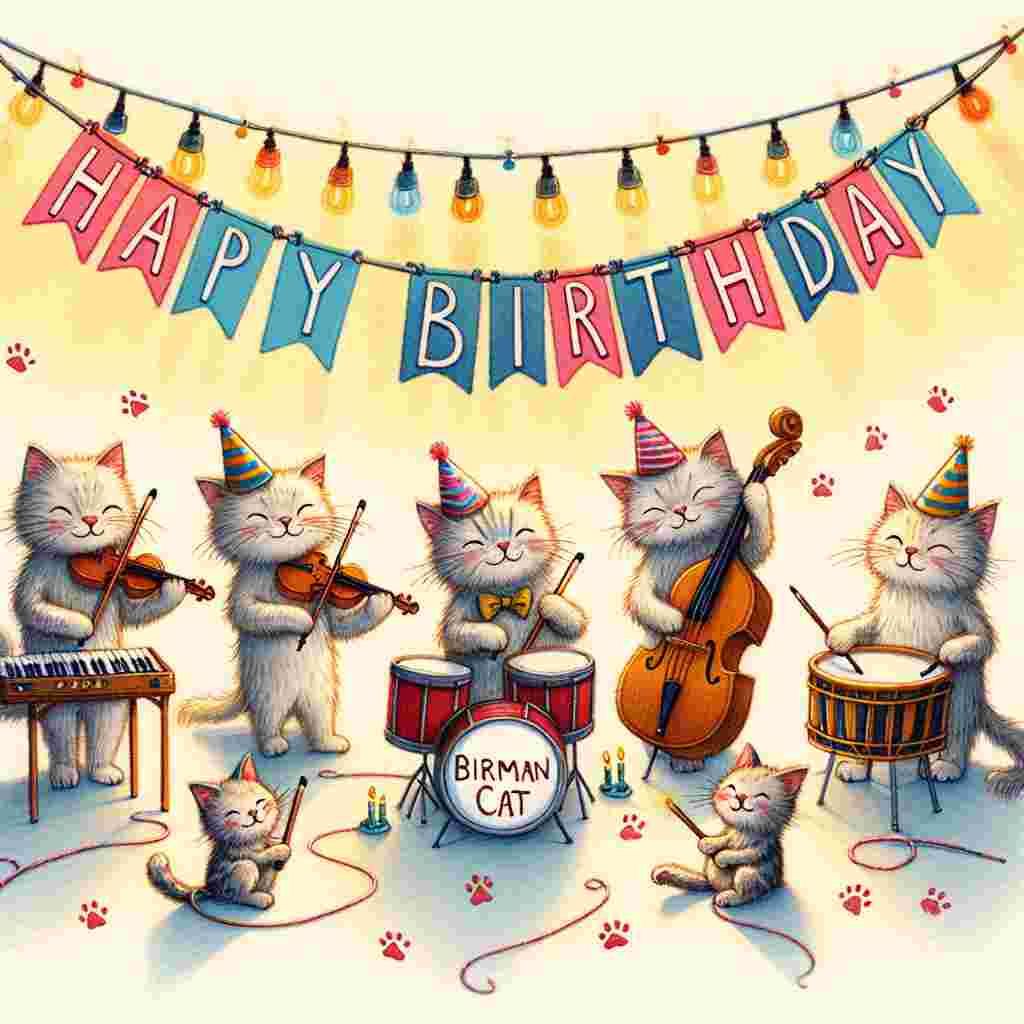 An adorable cartoon of a group of Birman cats playing musical instruments and wearing party attire with a 'Happy Birthday' banner overhead. The cats gleefully play a birthday tune, while the scene is bordered by a string of paw-print shaped lights.
Generated with these themes: Birman Birthday Cards.
Made with ❤️ by AI.