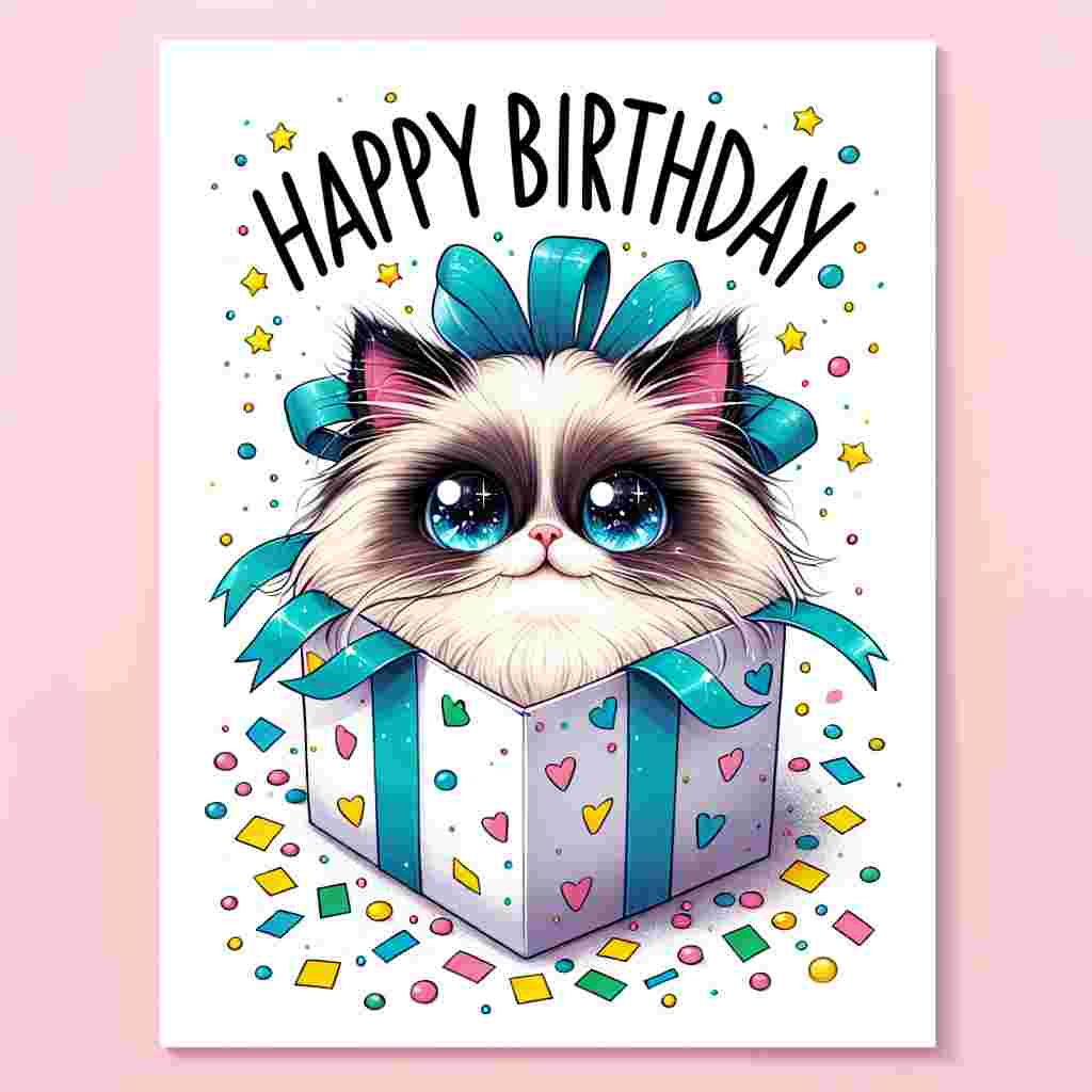 A playful digital drawing showcases a Birman cat with big, sparkling eyes, popping out of a gift box. Confetti is scattered around, and the phrase 'Happy Birthday' is included in bold, celebratory font at the top.
Generated with these themes: Birman Birthday Cards.
Made with ❤️ by AI.
