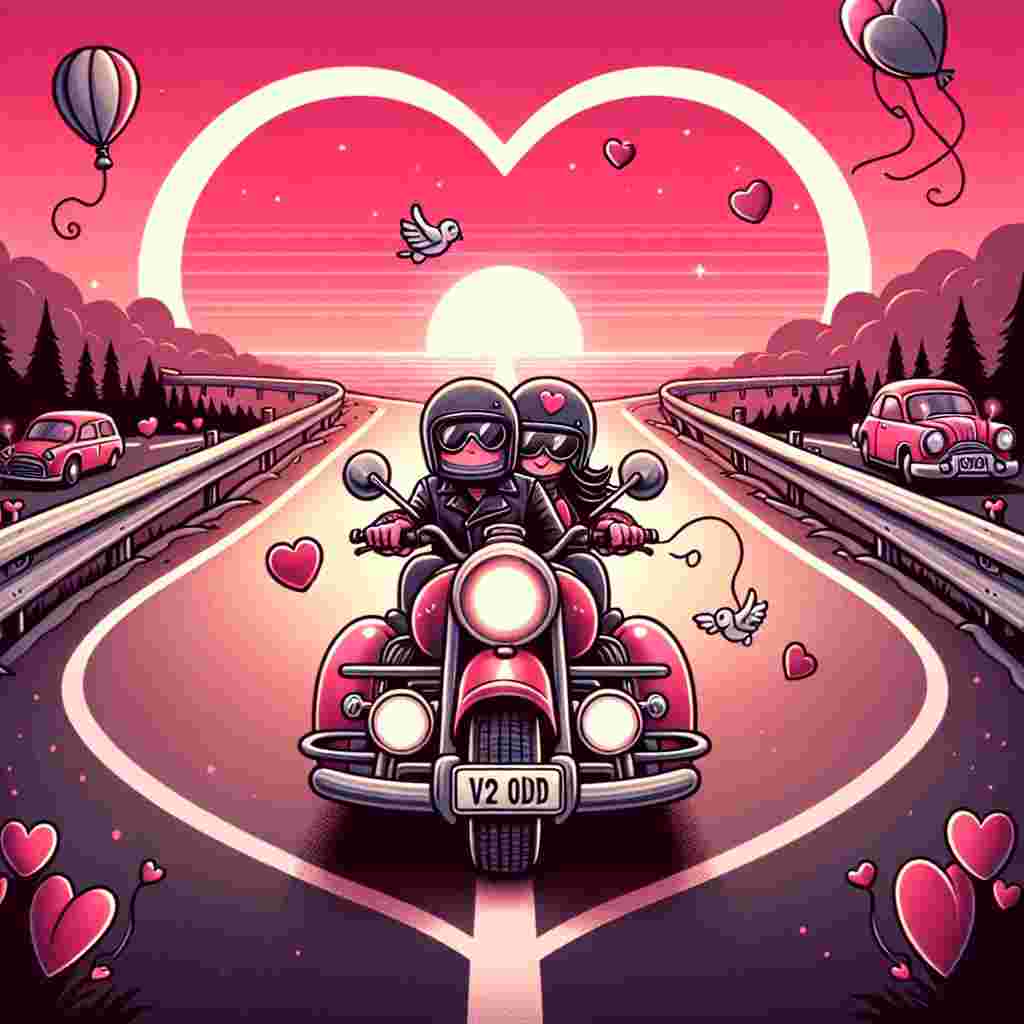 Create a Valentine's Day-themed whimsical illustration. The scene centers on a heart-shaped road that has a couple riding on a classic old-time motorcycle, registration 'V2 ODD'. The background features a pink and red-hued sunset, and small heart-shaped balloons float in the air, enhancing the romance of the scene. The couple, depicted in a cartoonish style, have helmets on their heads adorned with little winged hearts, symbolizing their mutual affection and passion for the open road.
Generated with these themes: Harley Davidson motorcycles registration V2 ODD.
Made with ❤️ by AI.