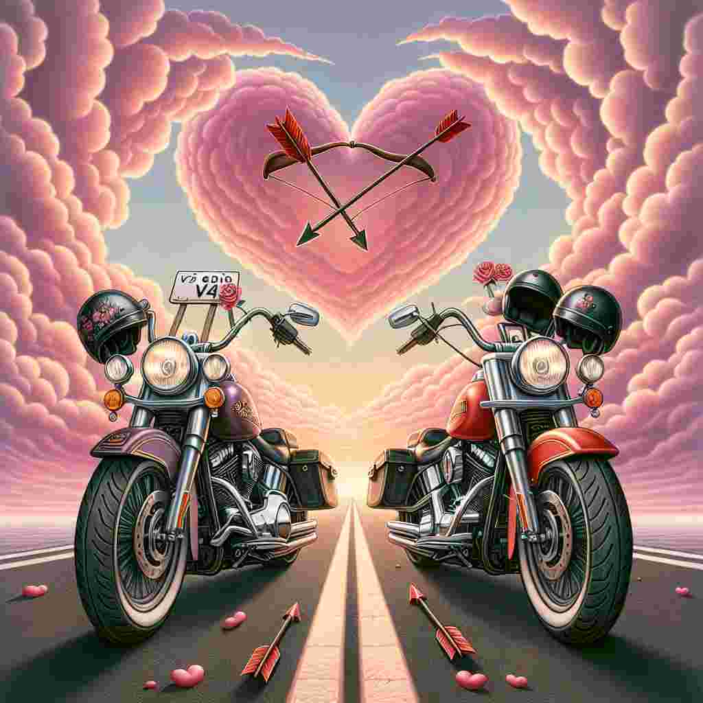 Imagine a wonderful Valentine's Day illustration showcasing two parked Harley Davidson motorcycles, positioned side by side, forming a V-shape. The bikes each have a special registration reading 'V2 ODD'. In the artistic backdrop, you'll see two roads merging into one, forming a massive heart symbol, metaphorically symbolizing unity. Each bike is tastefully decorated with motifs associated with Valentine's day, and above them, the sky is painted with gentle, rosy-colored, fluffy clouds. Resting on their handlebars, two helmets can be seen - each embellished with an arrow from cupid - symbolizing an unseen, mutual bond between the invisible riders.
Generated with these themes: Harley Davidson motorcycles registration V2 ODD.
Made with ❤️ by AI.