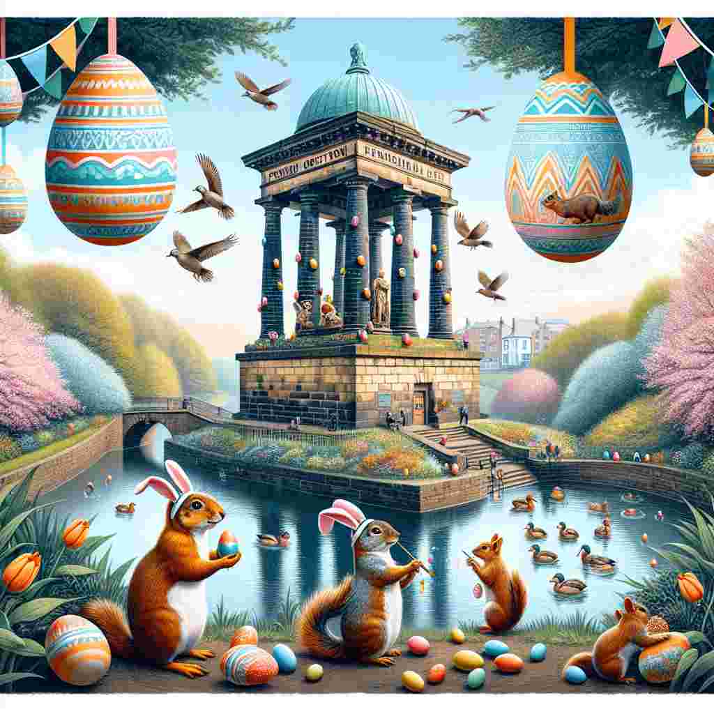 Create a captivating image centered around the Penshaw Monument in Sunderland, adorned for Easter celebration. The historic monument is embellished with colorful egg-shaped decorations and ribbons strung around its columns. In the surrounding environment, show a family of ducks wearing fancy hats near a river filled with chocolate eggs, and squirrels busily painting patterns onto Easter eggs within the foliage. High above, depict jolly birds attaching Easter goodies on the architectural frieze of the monument under a sky painted in soft, pastel hues.
Generated with these themes: Penshaw monument , and Sunderland.
Made with ❤️ by AI.