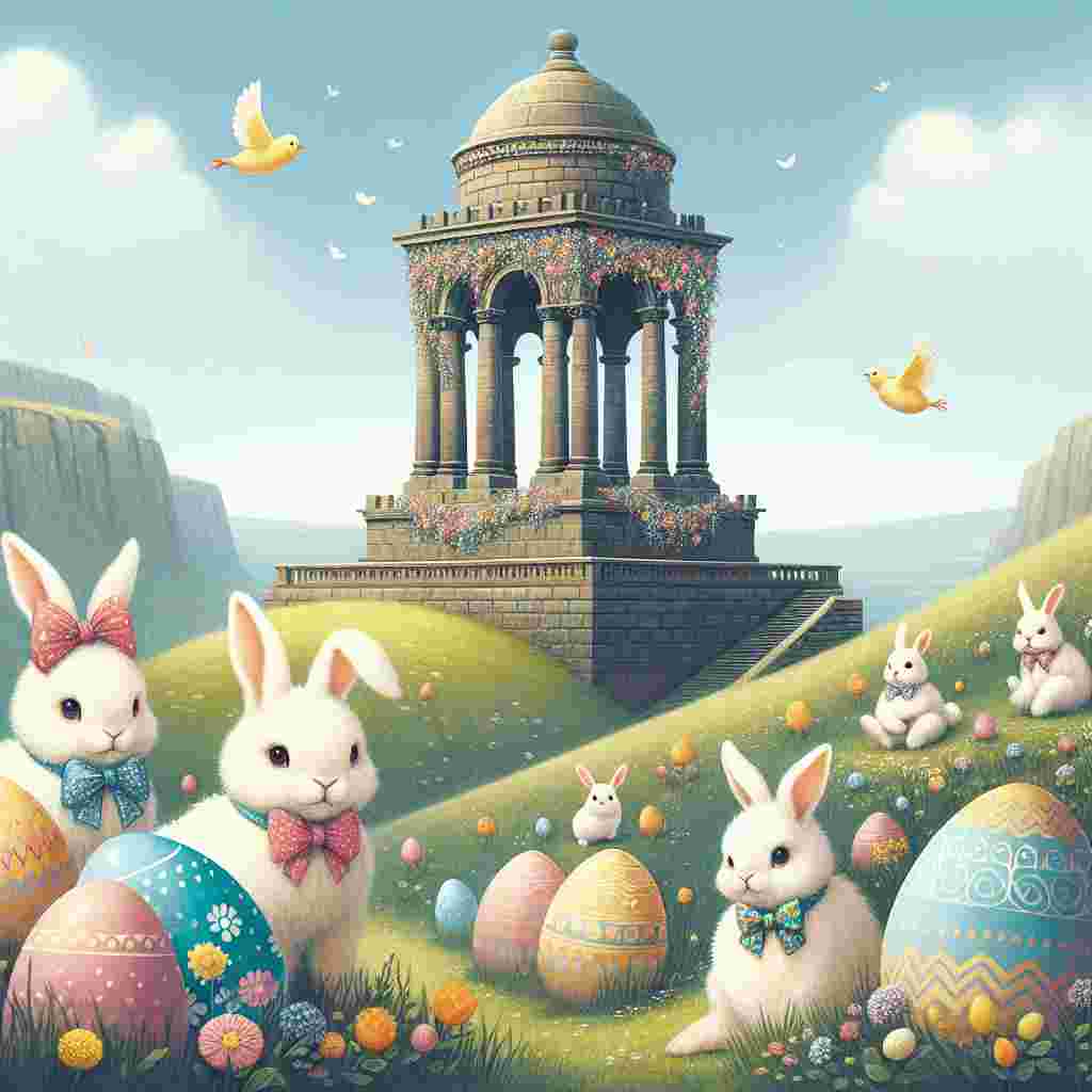 Create a whimsical, Easter-themed illustration that captures the charm of a monumental architectural landmark resembling the Penshaw Monument. Situated against a backdrop filled with the signs of spring, the monument stands dominantly at the center, surrounded by gently rolling hills speckled with eggs painted in soft pastel tones. Fluffy white rabbits adorned with vibrant bows are hopping about in the grass, while lively chicks wearing Easter-themed hats are exploring the foreground. The sky is a clear azure color, and the monument has been tastefully draped in delicate vines teeming with blooming flowers. These elements add a festive touch to the iconic structure.
Generated with these themes: Penshaw monument , and Sunderland.
Made with ❤️ by AI.