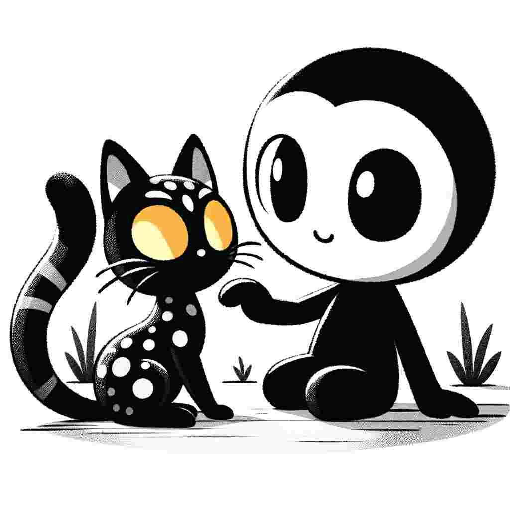 A imaginative cartoon illustration featuring a cartoon figure of undefined shape with adorable features interacting happily with a mature cat. The cat is described as having an elegant black fur, powerfully in contrast with its radiant yellow eyes. They quietly sit together, their elementary outlines and oversized characteristics emphasizing the overall fantastical charm of the image.
.
Made with ❤️ by AI.