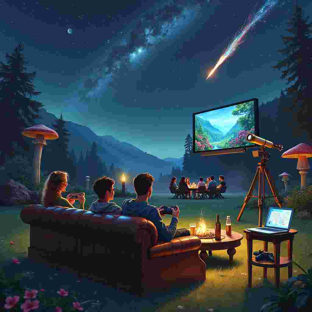 In the foreground of the card, there's a large, luxurious, old-fashioned leather couch sitting on a lush, green lawn under a star-studded night sky. Three friends are sprawled across the couch in relaxed, joyful postures. One holds a classic controller, focused on a portable gaming console connected to a floating TV screen that's inexplicably suspended in mid-air. The screen displays a fantastical video game world, blending seamlessly into the night sky above.

A quirky touch includes oversized beer bottles acting as legs for a low wooden coffee table in front of the couch. The table is scattered with snacks, a couple of empty beer glasses, and more game controllers. To the right of the couch, there's an antique telescope on a wooden tripod, pointed towards the constellations above. An open laptop on a small side table nearby glows with a star map, clearly being used to find constellations.

In the background, the lawn extends into a whimsical garden filled with giant mushrooms and glowing plants that provide soft, surreal lighting. At the edge of the garden, a group of people sit in a cozy circle around a campfire, roasting marshmallows on futuristic, extendable skewers while animatedly chatting and laughing.

Above all this, the night sky is a magnificent tapestry of stars and celestial bodies, with a meteor shower adding an element of dynamism. One of the meteors leaves a colorful, glittering trail that seems to guide the eye back down to the group of friends on the couch. The overall effect is a seamless blend of the terrestrial and the cosmic, the old and the new, the ordinary and the fantastical.
Generated with these themes: Star gazing  outside beer , gaming , social.
Made with ❤️ by AI.