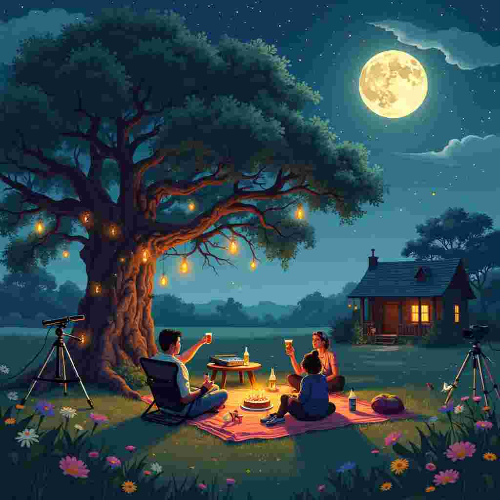 Imagine a moonlit night where the celestial sky is sprinkled with vibrant, twinkling stars. In the foreground, there is a sprawling, green meadow dotted with wildflowers, their petals almost glowing in the moonlight. In the center of this meadow stands a large, sturdy oak tree, its gnarled branches extending outward like welcoming arms. Beneath this tree, a group of friends is gathered, seated on an eclectic array of picnic blankets and lawn chairs. They are gazing up at the sky through a variety of telescopes and binoculars, some resting on tripods, others held in hand.

One friend is reclined in a retro gaming chair, illuminated by the soft glow of a portable gaming console he’s playing. He is so engrossed in his game that a swarm of fireflies has gathered around him, attracted to the light of the screen. Nearby, an old wooden table is laden with an assortment of artisanal beers, their bottles and cans decorated with whimsical labels depicting mythical creatures and space-themed designs. The table also holds a vintage radio, softly playing 8-bit video game music remixes, and a few scattered game controllers.

Another friend is holding a craft beer aloft, its frothy head glistening, while she points out constellations to the others using a laser pointer. Next to her, someone is lying on their back, comfortably resting on a beanbag chair, wearing a VR headset that projects the starry night into their virtual world. Hanging from the oak tree branches are strings of fairy lights and lanterns shaped like various gaming icons – mushrooms, hearts, and pixelated stars – casting a gentle, multicolored glow over the scene.

In the background, the silhouette of a quaint cabin can be seen, its windows softly lit, with a porch swing swaying gently in the night breeze. The final touch is a homemade birthday cake, placed lovingly on a tree stump, its candles flickering as if competing with the stars above. The cake is decorated with tiny figures of astronauts and gaming characters, perfectly blending the themes of stargazing, beer, gaming, and social interaction into this surreal, enchanting birthday scene.
Generated with these themes: Star gazing  outside beer , gaming , social.
Made with ❤️ by AI.