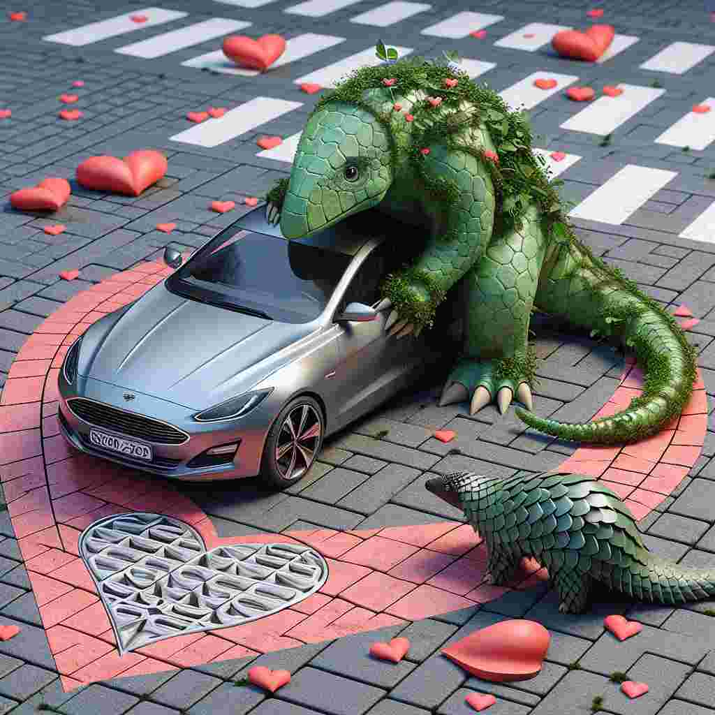 In this image celebrating love on Valentine's Day, a green dinosaur-like creature with plant growth on its back is perched on a sleek, modern car. The creature's vines drape gently over the car, suggesting an affectionate connection between living organisms and human-made inventions. The car is parked next to a creatively designed storm drain cover featuring a pattern of interlocked hearts, enhancing the scene's romantic atmosphere. A unique mammal known for its overlapping scales, reminiscent of a pangolin, curiously explores the area, contributing a touch of nature's charm to the scene that combines elements of the modern world and the natural environment.
Generated with these themes: Bulbasaur, Drainage, Audi, and Pangolin.
Made with ❤️ by AI.