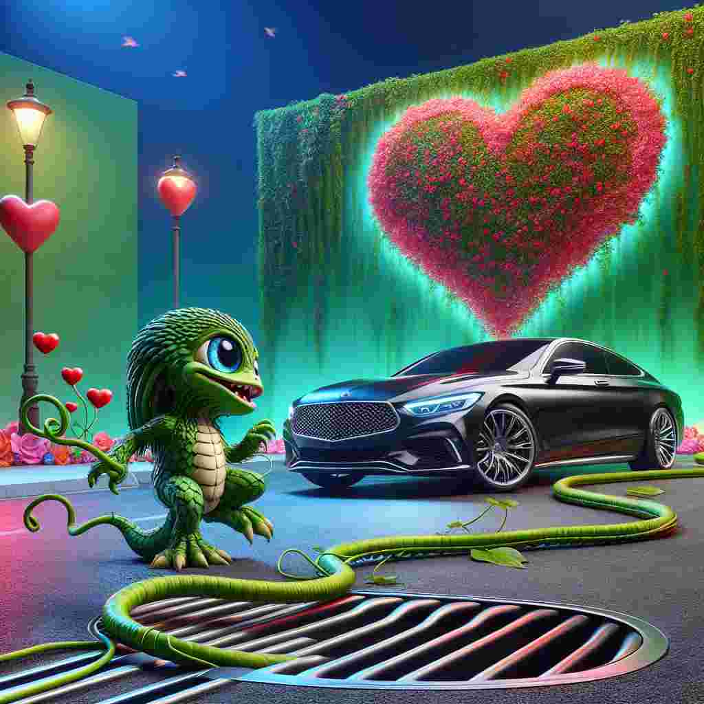 Visualize a vibrant Valentine's Day scene where an adorable green creature with plant-like features twines its tendrils affectionately around a sleek luxurious car, creating a striking blend of natural and mechanical sophistication. In the backdrop, a heart-shaped drainage system subtly incorporates into the scenery, providing both utility and a thematic touch. A unique creature known for its scaled exterior, with a endearing face, approaches the scene, adding an additional element of captivating realism to this unexpected Valentine's tableau.
Generated with these themes: Bulbasaur, Drainage, Audi, and Pangolin.
Made with ❤️ by AI.