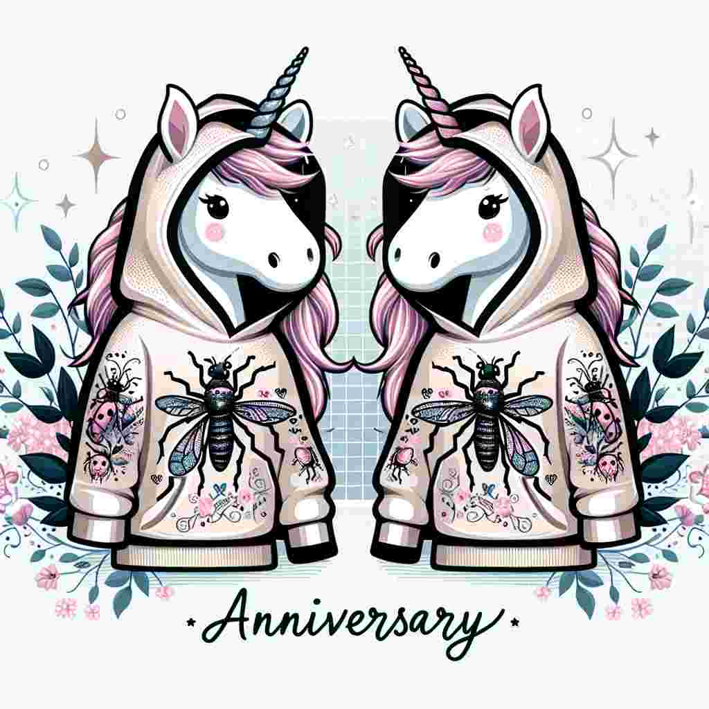 Create a heartwarming anniversary illustration featuring adorable unicorns with elegant tattoos. The art style showcases a magical celebration, displaying a soft and whimsical touch. These unicorns wear unique and stylishly designed hoodies, patterned with intricate insect and bug designs, merging fantasy with streetwear vibes.
Generated with these themes: My little pony, Tattoos, Art, Hoodies, Insects, and Bugs.
Made with ❤️ by AI.