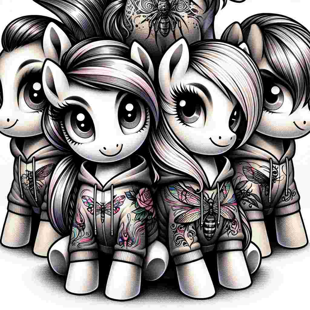 In this captivating illustration marking an anniversary, cute pony figures are in focus, their bodies stunningly adorned with artwork inspired by tattoos. They're dressed in stylish hoodies that feature subtle, intricate illustrations of assorted insects. The overall artistic style is adorable and charming, fitting perfectly for a distinct milestone celebration.
Generated with these themes: My little pony, Tattoos, Art, Hoodies, Insects, and Bugs.
Made with ❤️ by AI.