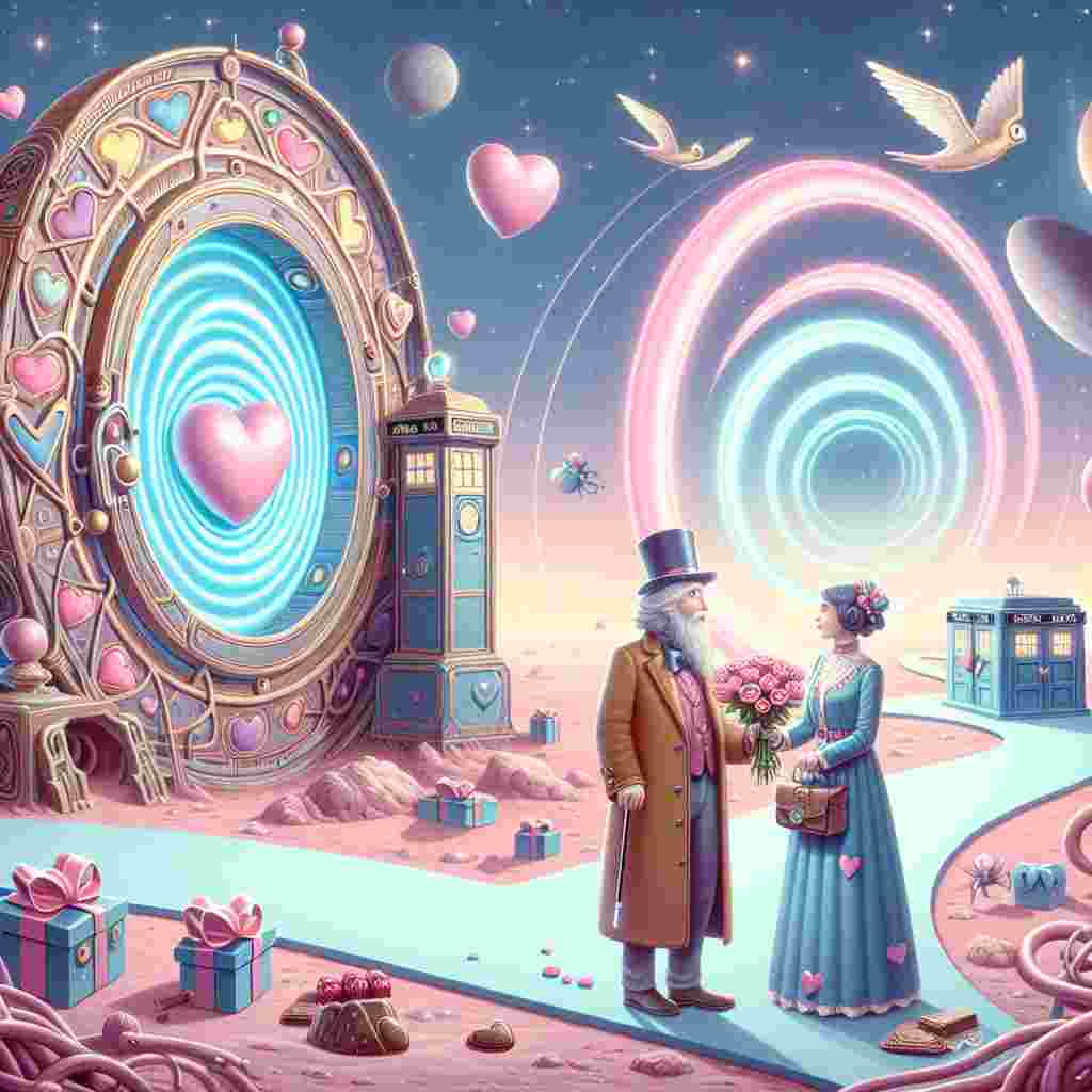 Imagine a whimsical cosmic setting with soft, pastel colors. There are two peculiar interstellar structures cleverly incorporated into a Valentine's Day theme. An ancient ring-style portal is decorated with radiant hearts on the inner rim, and a quaint blue box-style time machine is festooned in ribbons and bows. In the forefront, a charming couple, a Caucasian man and a Middle-Eastern woman, both dressed in a distinctive, quirky style typical of interstellar travelers, exchange roses. A path of heart-shaped chocolates leads to the horizon of the ring-portal, signifying a bond that transcends dimensions and eras.
Generated with these themes: Stargate, and Dr who.
Made with ❤️ by AI.