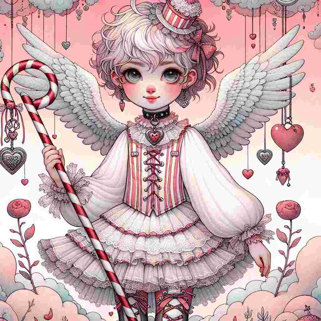 Create an illustration fit for Valentine's Day that depicts a whimsical cherubic character dressed in dominatrix-inspired outfit softened with frills and light lace details. This character wields a candy cane-striped riding crop and wears accessories like a choker with a tiny heart lock and lace-up boots, subtly hinting at her role. She sports a gentle smile, exuding innocence amid the flirtatious theme. The surrounding scenery is filled with fluffy pink clouds and floating red hearts, striking a harmonious balance of naivety and playfulness within this unconventional Valentine's Day theme.
Generated with these themes: Dominatrix .
Made with ❤️ by AI.