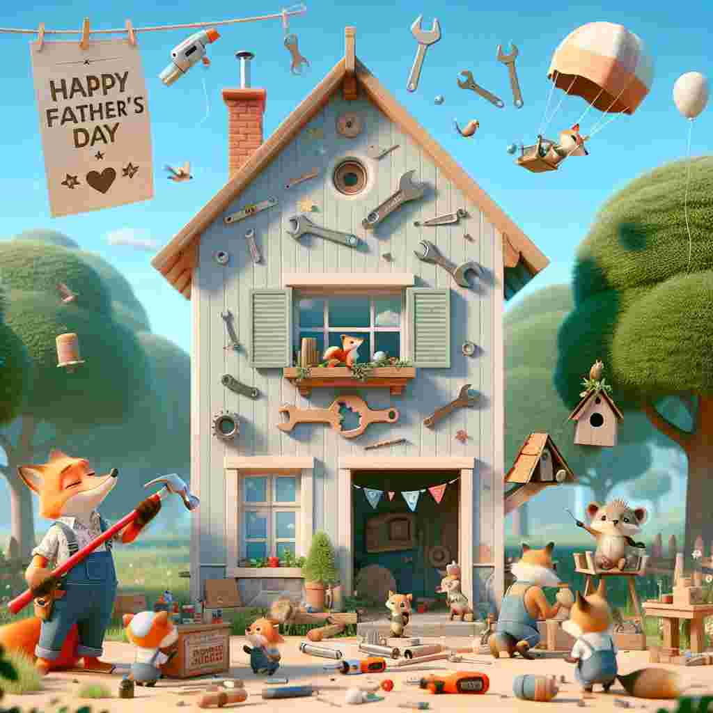 In a touching animation dedicated to Father's Day, a pale-colored edifice sets the scene, its windows peppered with lively images of tools such as hammers and wrenches. At its base, you can see a charming collection of animated forest animals engrossed in a construction project. A fox adorned with a spotted bandana masterfully paints a wooden sign that reads 'Dad's Workshop', whereas a pair of hedgehogs attempts to mend a birdhouse suspending from a young tree, with a selection of play tools strewn about. Floating in the pristine blue sky are a few tool-shaped balloons, and a 'Happy Father's Day' banner is displayed across the upper part of the scene.
Generated with these themes: Building, and Fixing.
Made with ❤️ by AI.