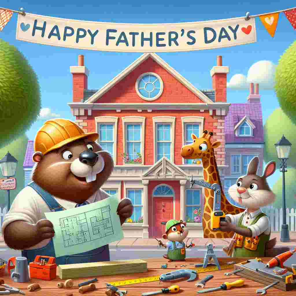 A whimsical Father's Day themed cartoon scene unfolds on a sunny day, set against a charming red-brick building backdrop. In the scene's foreground, a trio of cartoon animals, all donning minuscule tool belts, are engaged in a humorous construction project. A beaver, whose hard hat seems too large for it, is energetically sawing through a plank of wood. Beside him, a squirrel is diligently tightening bolts on a miniature steel giraffe structure. Meanwhile, a rabbit, expression filled with focused concentration, is thoughtfully measuring a blueprint. Adding a festive touch, colorful banners inscribed 'Happy Father's Day' are gallantly fluttering out from the windows. To complete the scene, a banner adorned with handprints and a heart dangles prominantly above this makeshift construction site, symbolizing the building and nurturing of family love.
Generated with these themes: Building, and Fixing.
Made with ❤️ by AI.