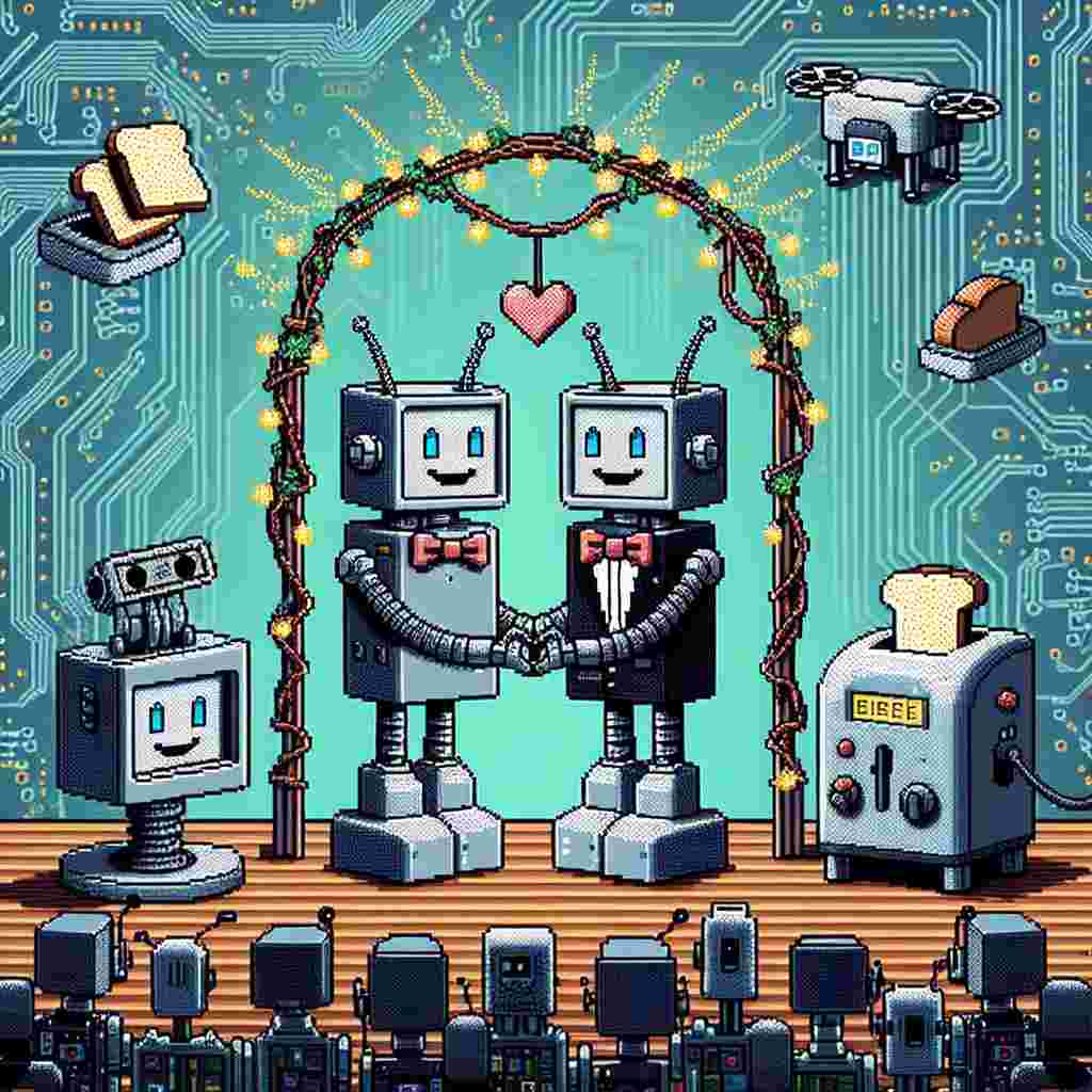 Situated amidst a computer motherboard setting that inspires laughter, a robot with distinctive bowtie and antenna officiates with delight the marriage ceremony for two charming robot partners. The robots, in a funny imitation of human fondness, connect their circuits under a romantically formed arch made from twisted wires and twinkling lights. The audience, a captivating assortment of vintage domestic devices and contemporary tech tools, chuckle at the sight of a toaster drone flinging bread slices in well-wishing to the newlyweds. The whimsical event is chronicled in pixel-style glory by a camera drone.
Generated with these themes: robot.
Made with ❤️ by AI.