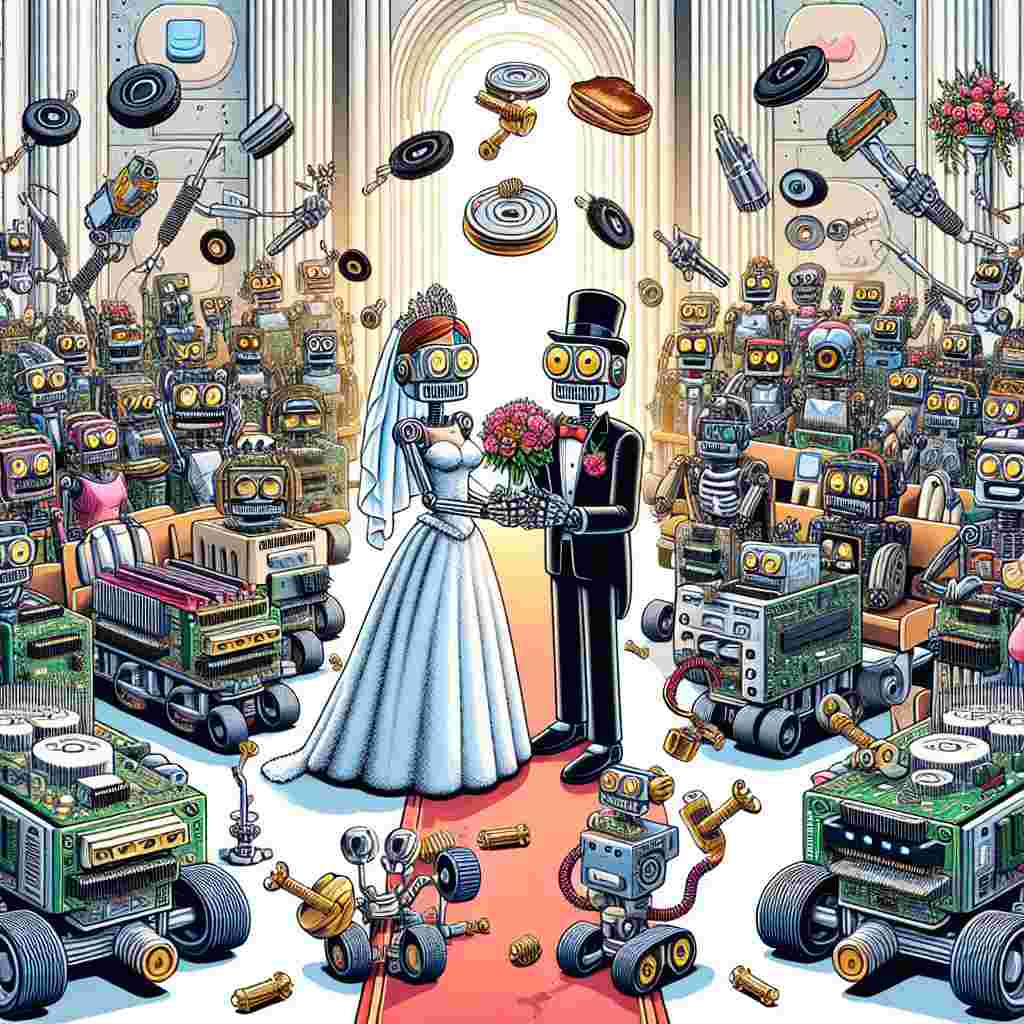 Imagine an energetic cartoon wedding scene featuring a variety of amusing robotic participants. Both the bride and groom are sleekly designed machines with theatrical expressions, exchanging nuts and bolts as a symbol of their commitment. Around them, humorous robot servers with wheel-based movement deftly dodge toasters flung by a haywire floral bot. A robotic disc jockey with extendable armatures spins vinyl records, producing electronic sounds that serendipitously form a romantic tune. The entire setting is reminiscent of a grand chapel made entirely of motherboard components, adorned with capacitor embellishments and an illuminating LED pathway.
Generated with these themes: robot.
Made with ❤️ by AI.