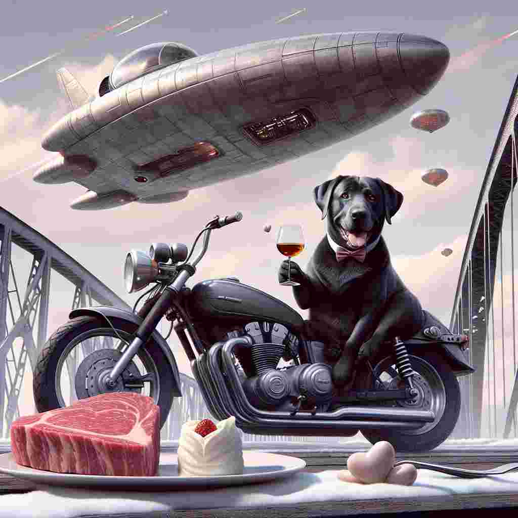 Render a whimsical Valentine's Day image showing a charismatic black Labrador. The dog is holding a glass of whiskey and is riding a classy sports motorcycle across a large steel through arch bridge. An unusual spacecraft, reminiscent of futuristic movies, is joyfully gliding in the sky, suggesting a hint of otherworldly charm. A heart-shaped piece of meat is amusingly placed on the bike's seat, implying a post-journey meal. Beside the steak is a scoop of creamy-white dessert, indicating a shared sweet surprise. Gentle, floating snowflakes make an interesting contrast with the implied warmth of the Valentine's celebration and the cold of a winter trip.
Generated with these themes: Black Labrador drinking whiskey riding a sports motorbike, Tyne bridge, Star wars, X wing fighter, Whiskey, Heart shaped steak, Vanilla ice cream, and Snow.
Made with ❤️ by AI.