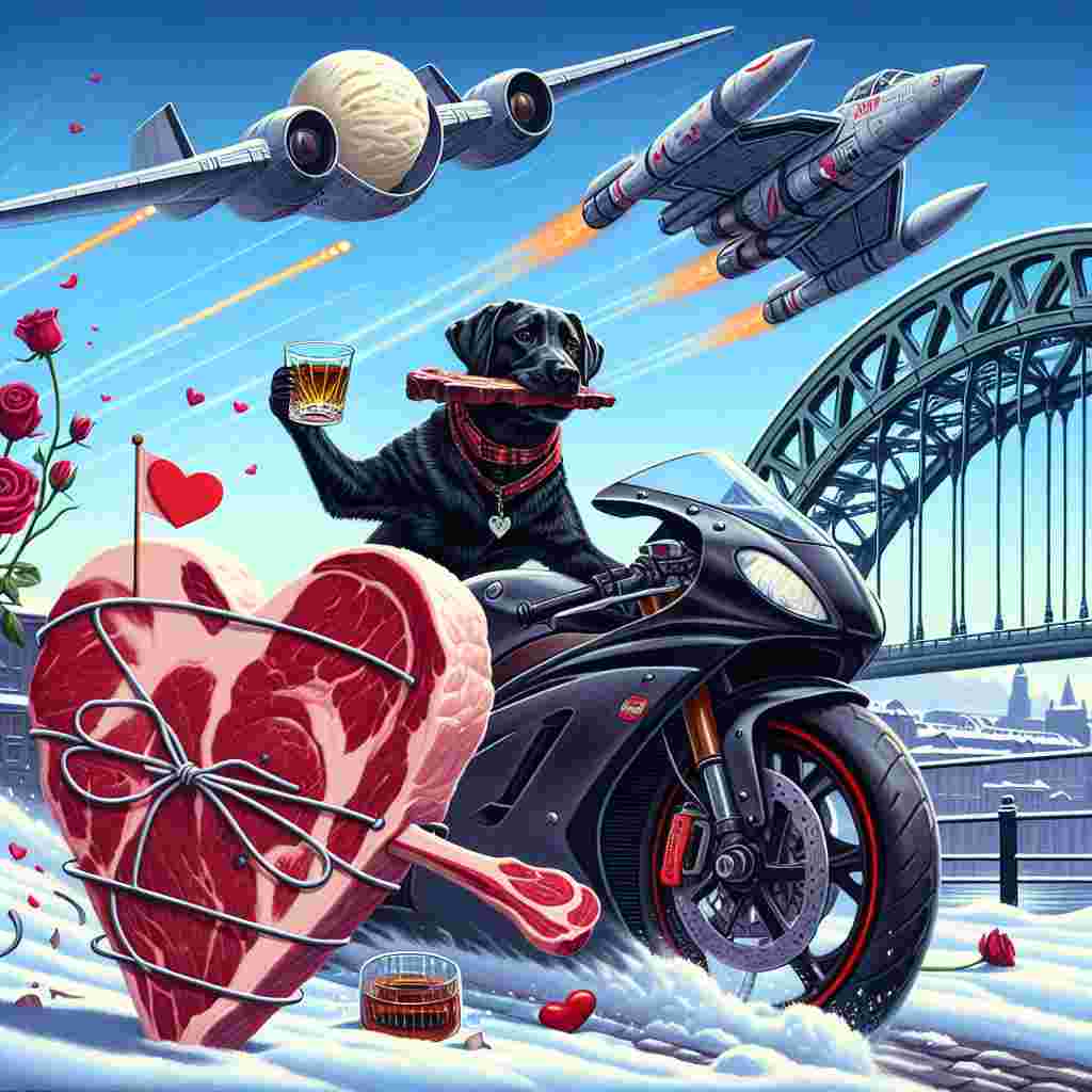 Imagine a whimsical Valentine's Day scene. The protagonist, a black Labrador, sits astride a high-speed sports motorbike. In its paw, it holds a tumbler of aged whiskey, gracefully navigating the iconic Tyne Bridge. Above, a space combat plane from a popular science fiction series soars, adding a thrilling twist to the romantic atmosphere. Tied to the motorbike is a heart-shaped steak, symbolizing love in an unconventional manner. On the side, a dollop of vanilla ice cream begins to melt in the snowy environment, hinting at a playful contrast between the cold and warm feelings. This illustration blends elements of adventure, love, and a hint of science fiction fantasy, giving a fun-loving twist to typical Valentine's Day imagery.
Generated with these themes: Black Labrador drinking whiskey riding a sports motorbike, Tyne bridge, Star wars, X wing fighter, Whiskey, Heart shaped steak, Vanilla ice cream, and Snow.
Made with ❤️ by AI.